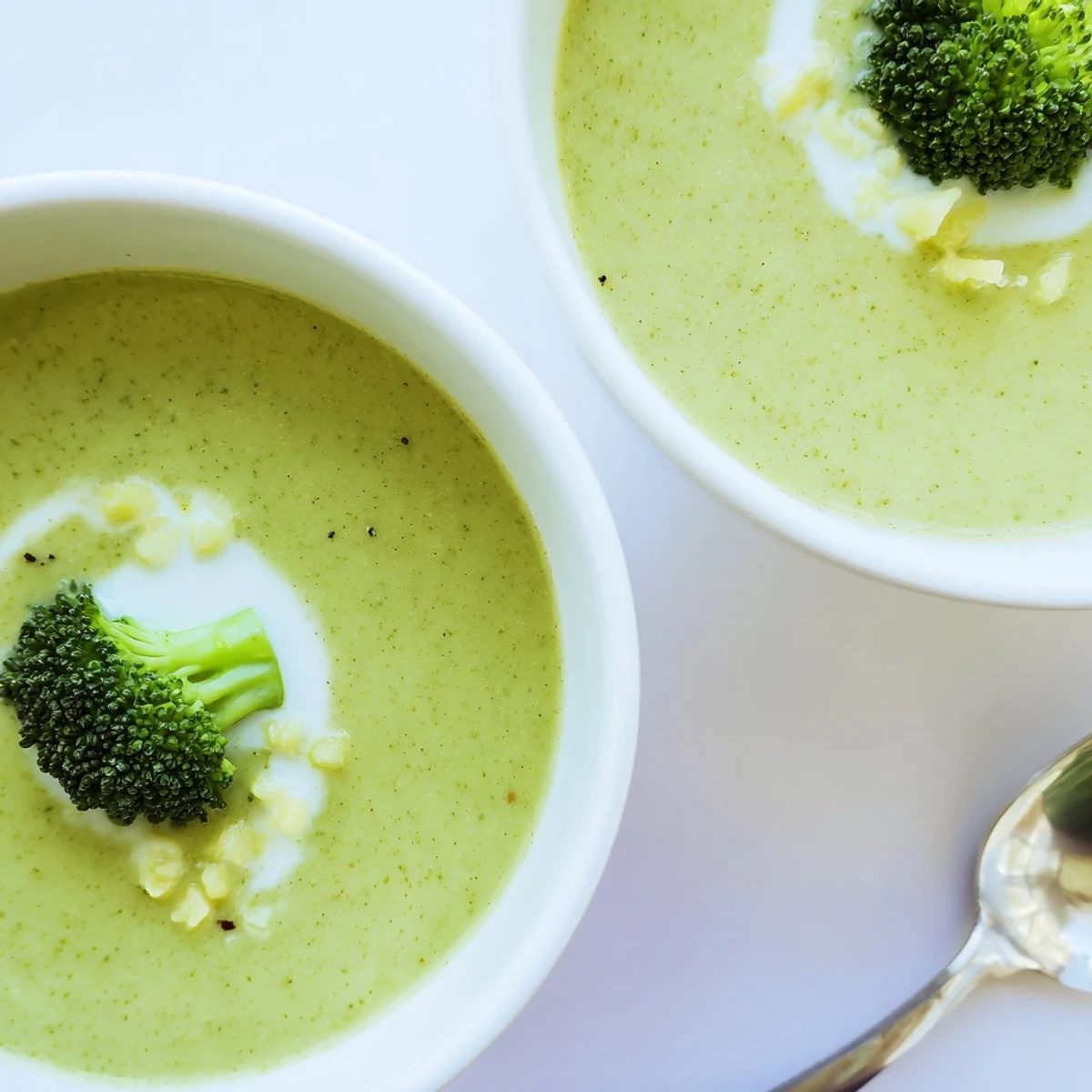 Bowl of Broccoli Soup steaming with cream swirl, served with crusty bread