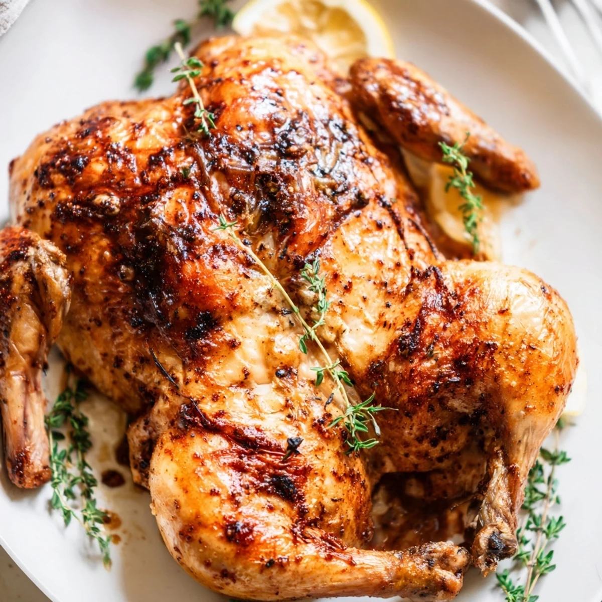 Sliced Buttermilk Roasted Chicken resting on carving board, steaming and herb garnished