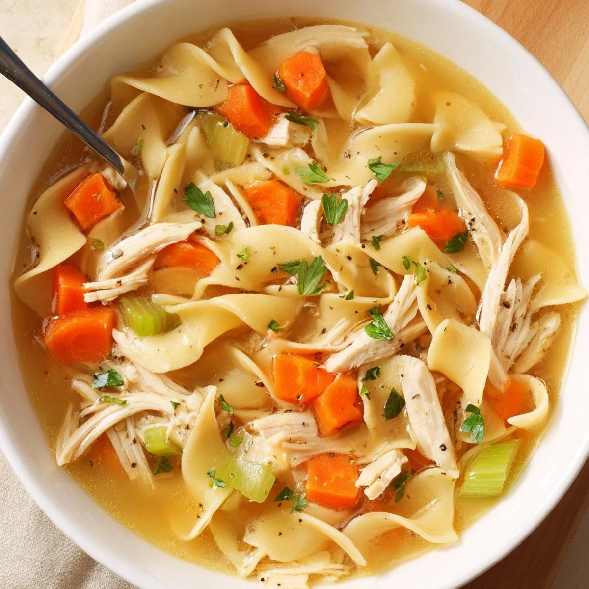 Steaming bowl of Chicken Noodle Soup with tender shredded chicken, bright parsley  