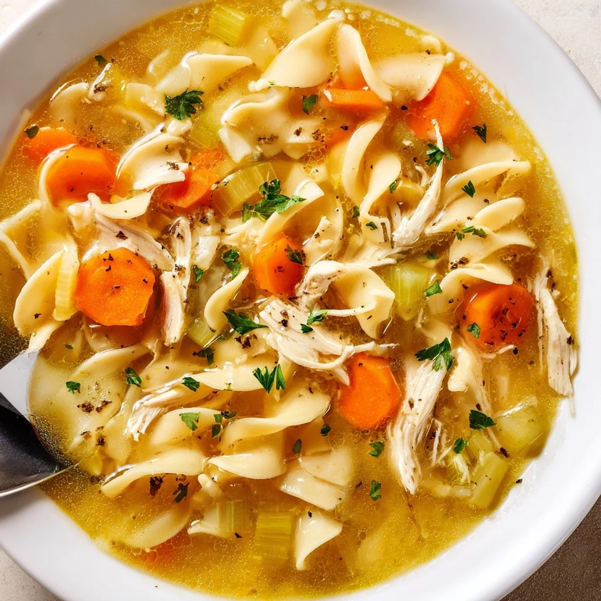 Homestyle Chicken Noodle Soup simmering with carrots, celery, egg noodles, aromatic broth  