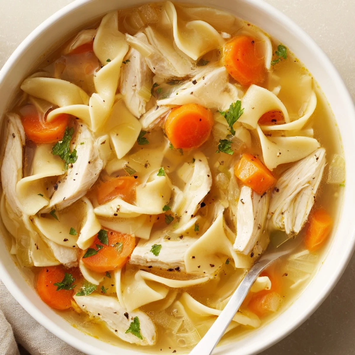 Hearty Chicken Noodle Soup ladled hot, golden broth, served with crusty bread