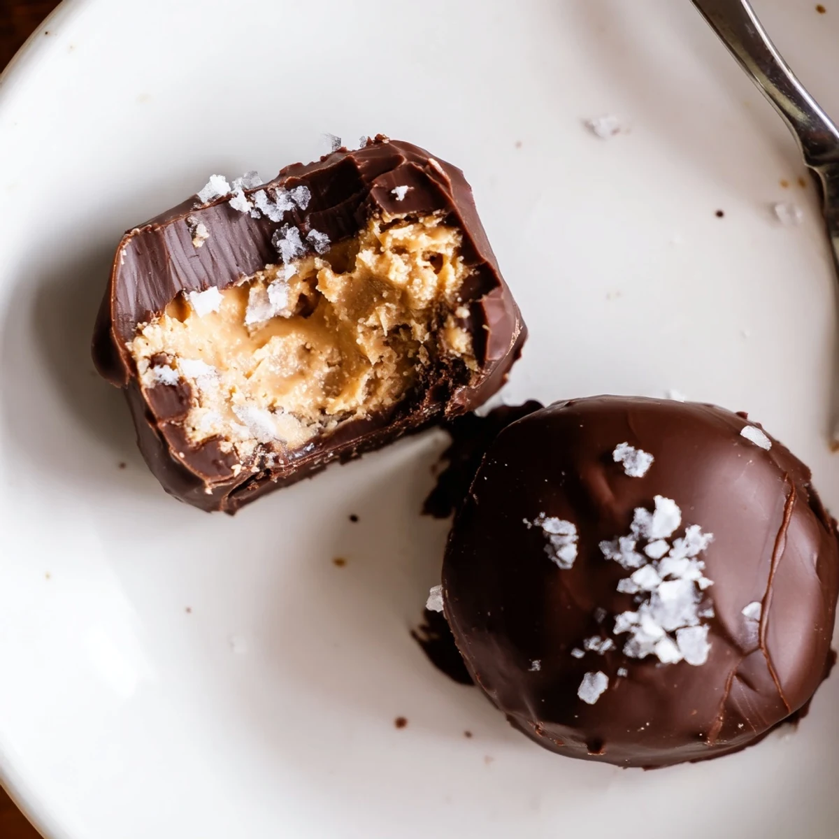 Frozen Peanut Butter Greek Yogurt Bites Dipped In Dark Chocolate With Sea Salt, chilled