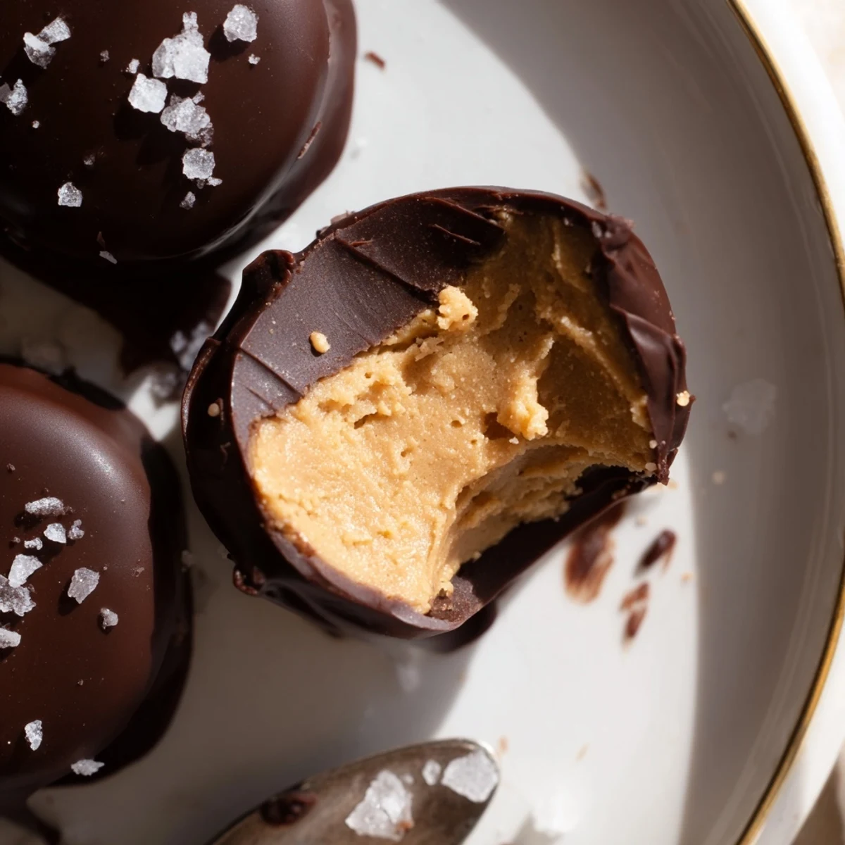 Frozen Peanut Butter Greek Yogurt Bites Dipped In Dark Chocolate With Sea Salt, stacked