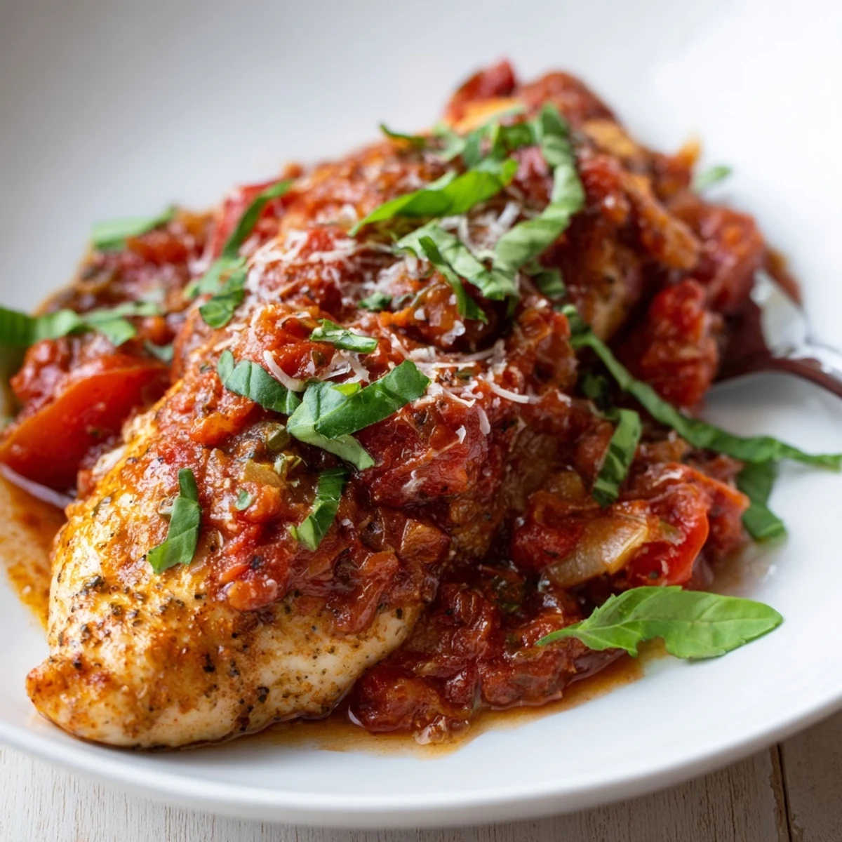 Slow Cooker Tomato Basil Chicken Breasts bubbling in rich sauce, garnished with basil  
