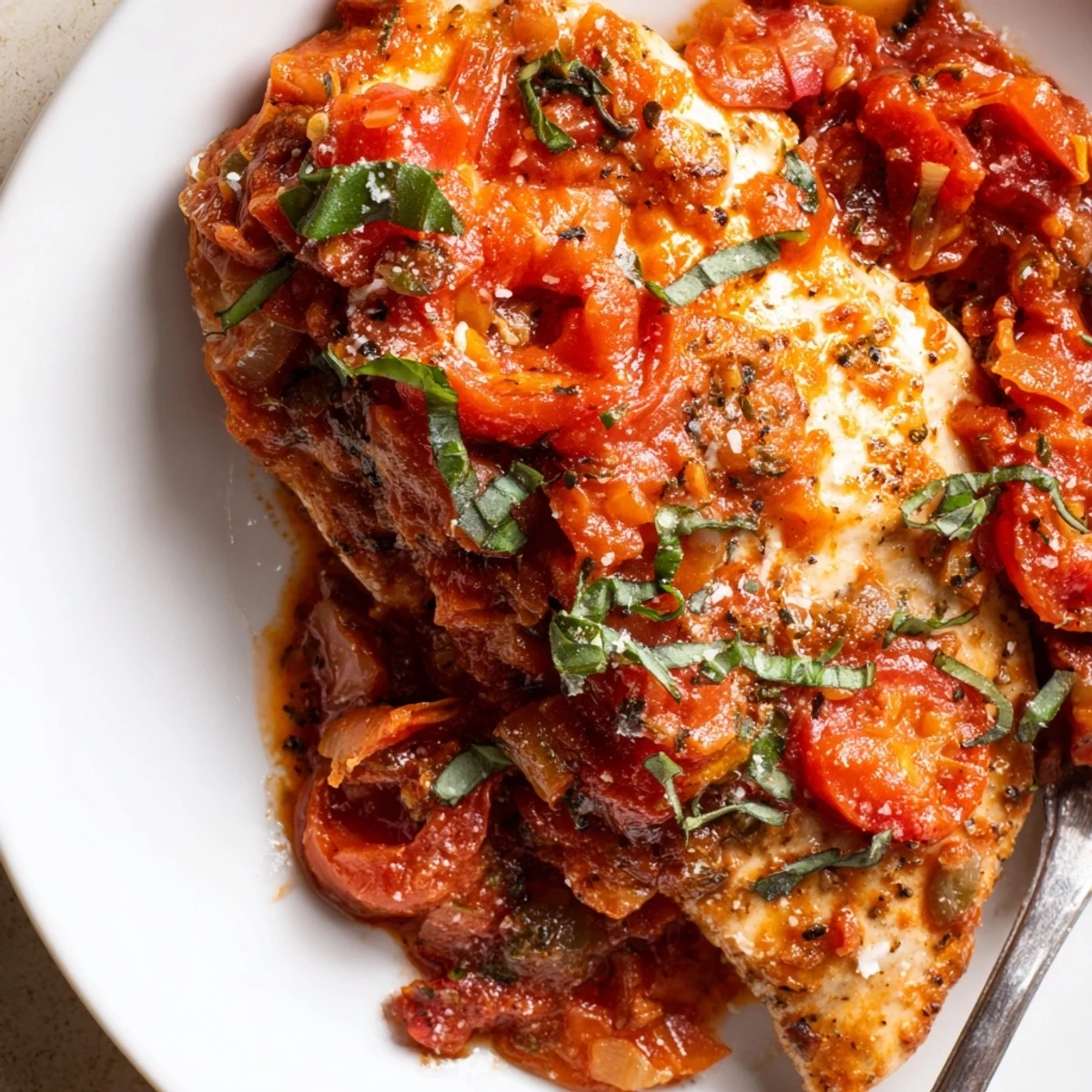 Slow Cooker Tomato Basil Chicken Breasts spooned over rice, steaming and fragrant  