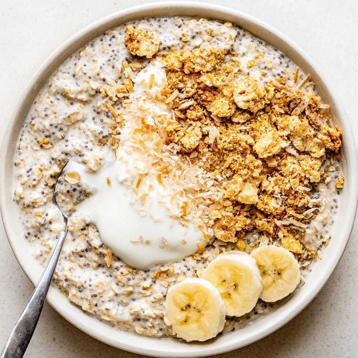 Coconut Cream Pie Overnight Oats topped with toasted coconut and banana