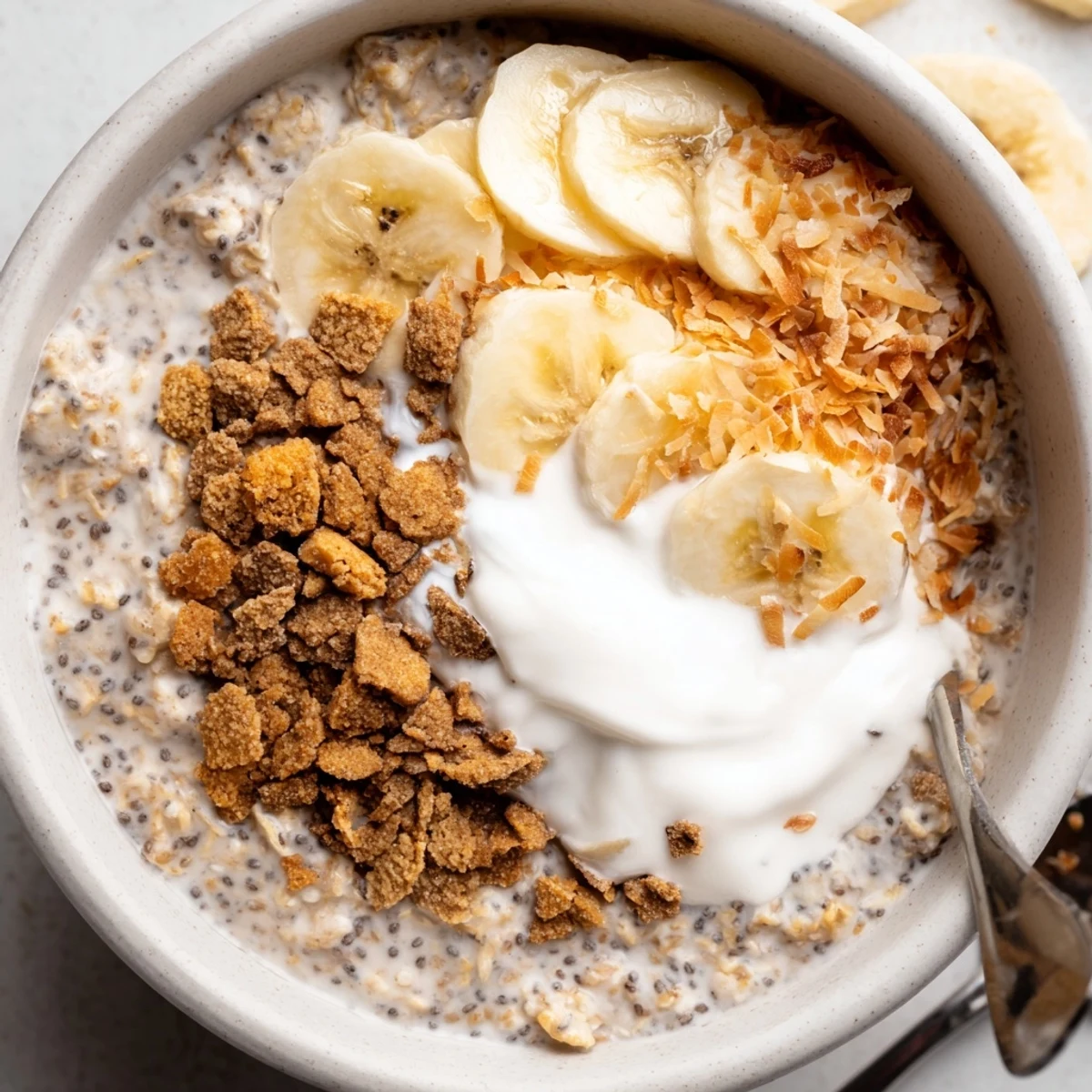 Make-ahead Coconut Cream Pie Overnight Oats garnished with crushed graham, silky coconut cream