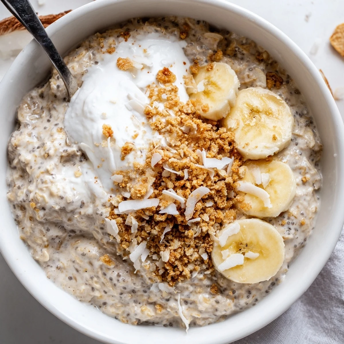 Chilled Coconut Cream Pie Overnight Oats in jar, creamy texture and tropical aroma