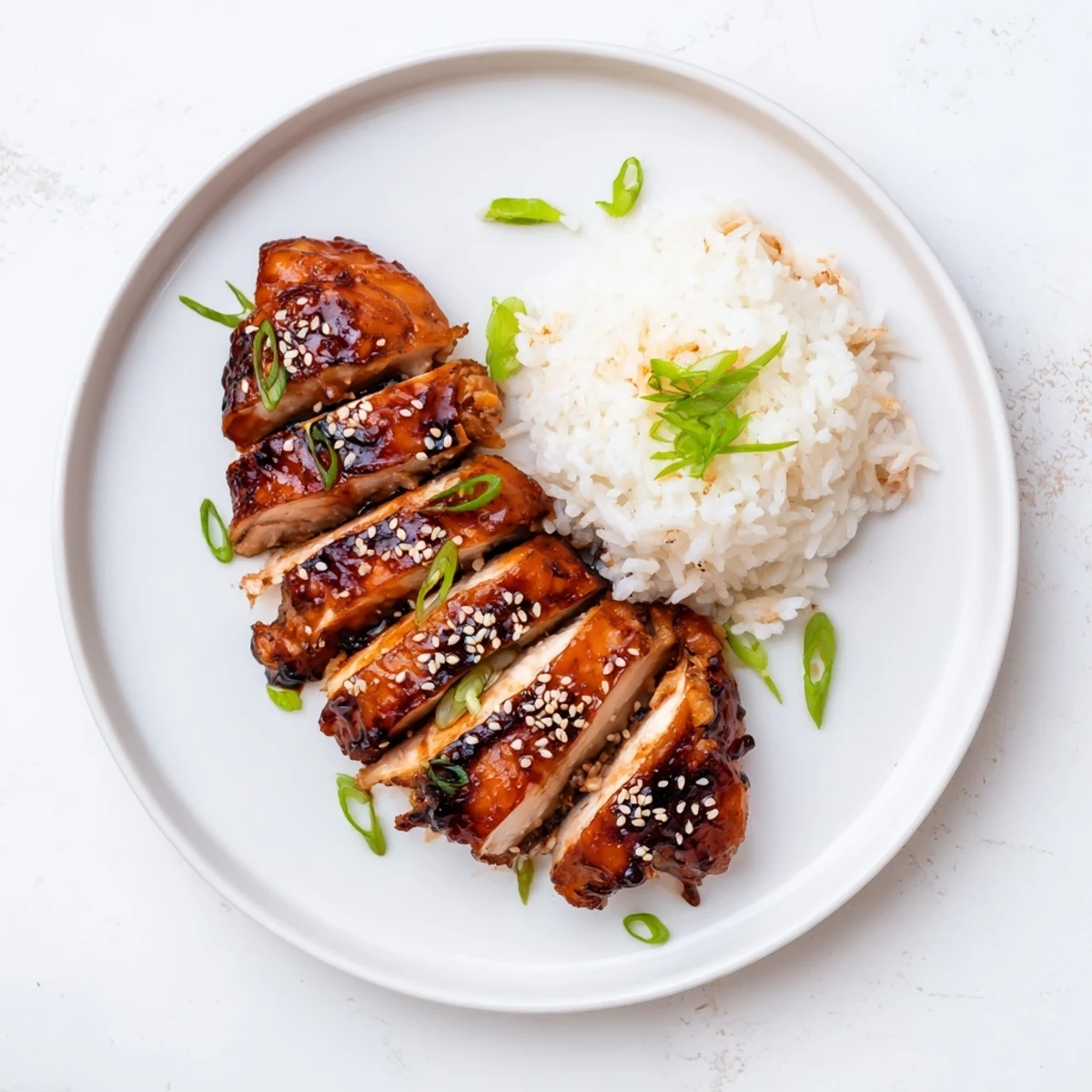 Sticky, savory-sweet Char Siu Chicken with charred edges, garnished with green onions.