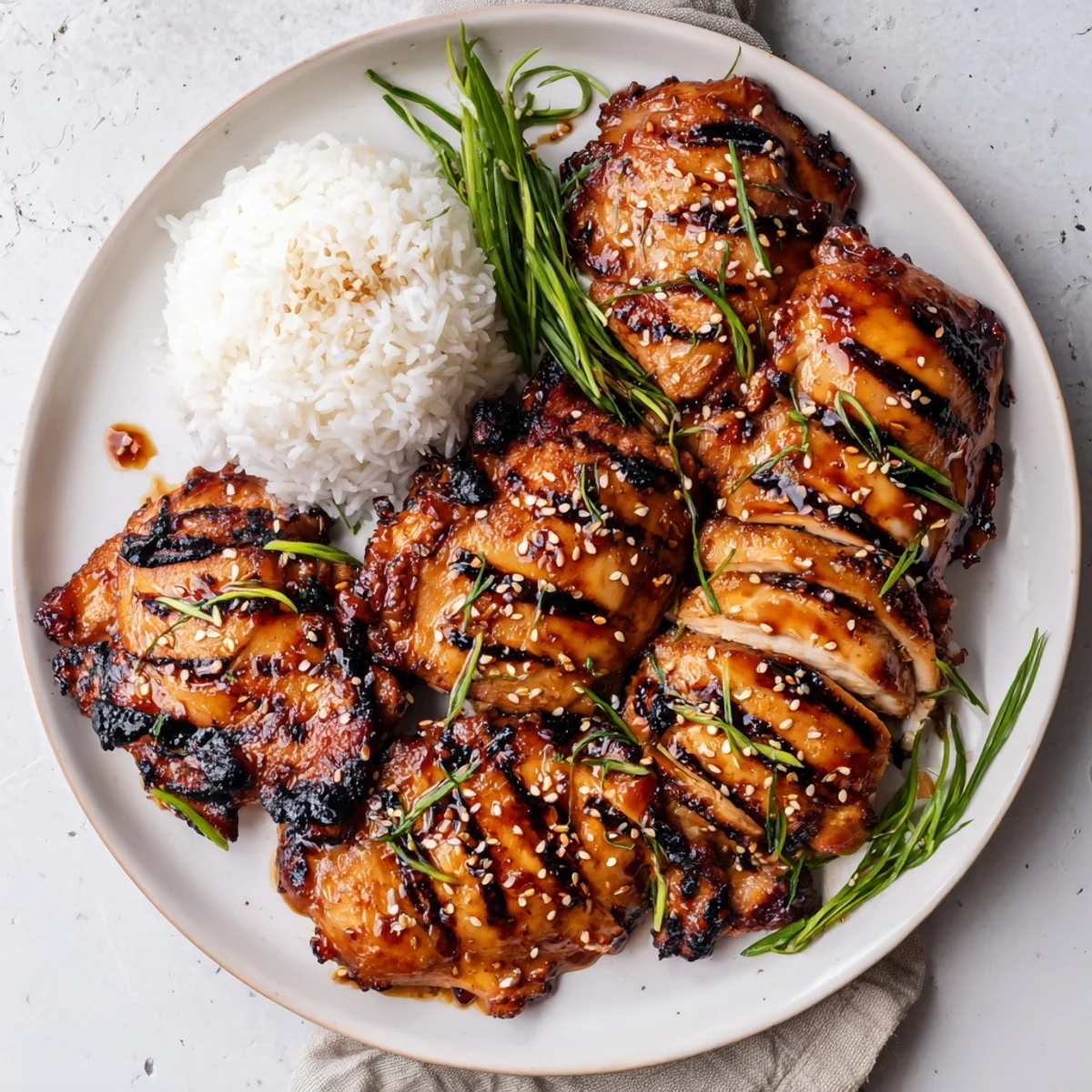 Char Siu Chicken glazed to glossy caramelized finish, served over steamed jasmine rice.