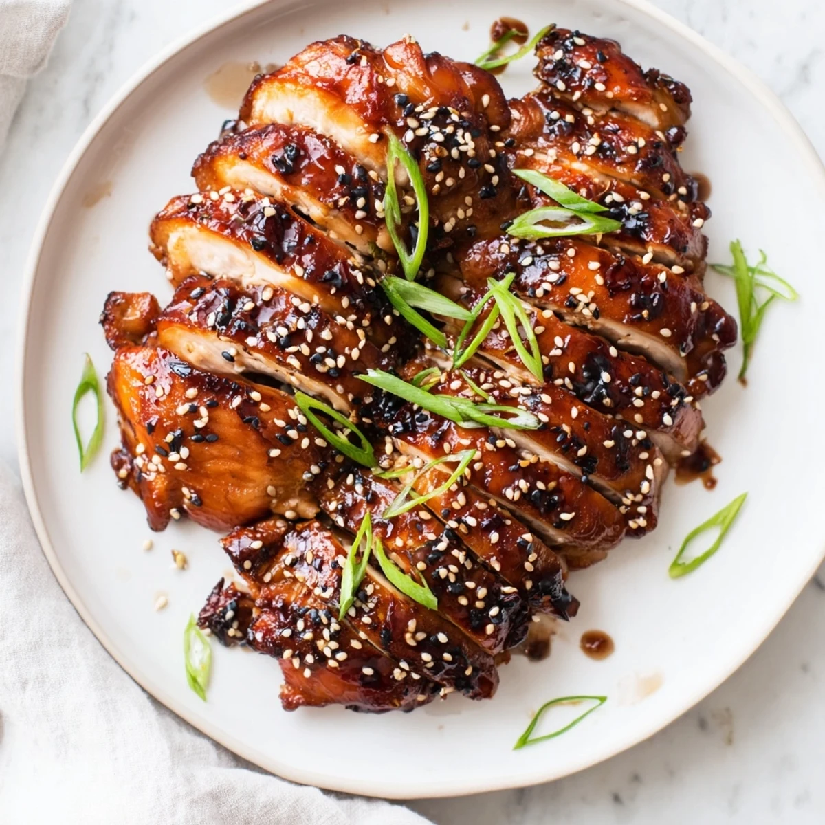 Oven-roasted Char Siu Chicken resting on rack, sesame seeds and scallions.