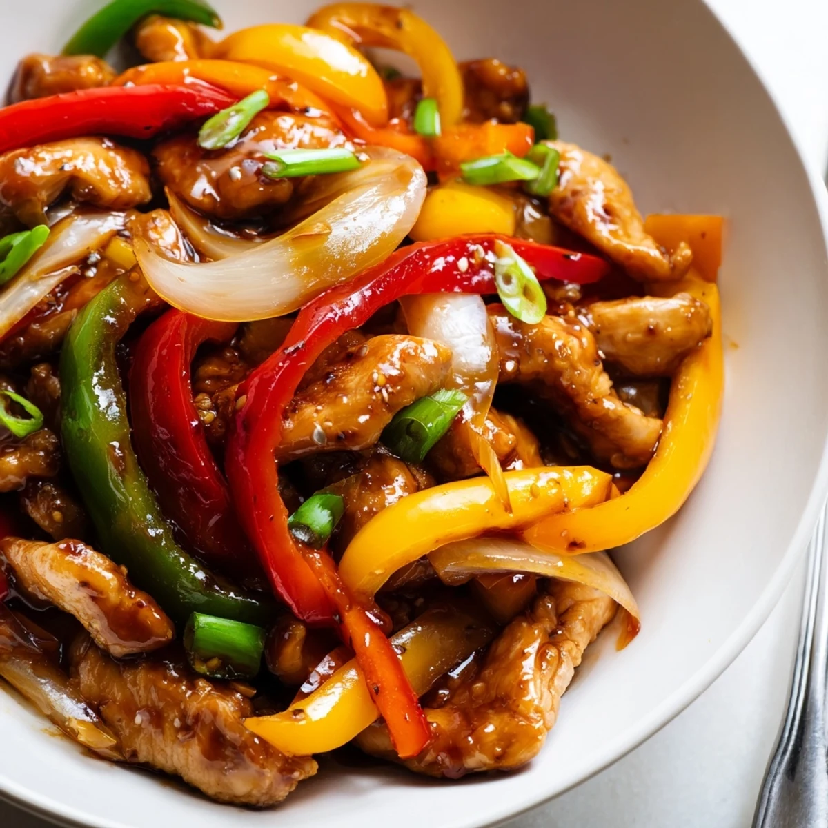 Quick Pepper Chicken Stir Fry glistening in sesame sauce over steamed jasmine rice
