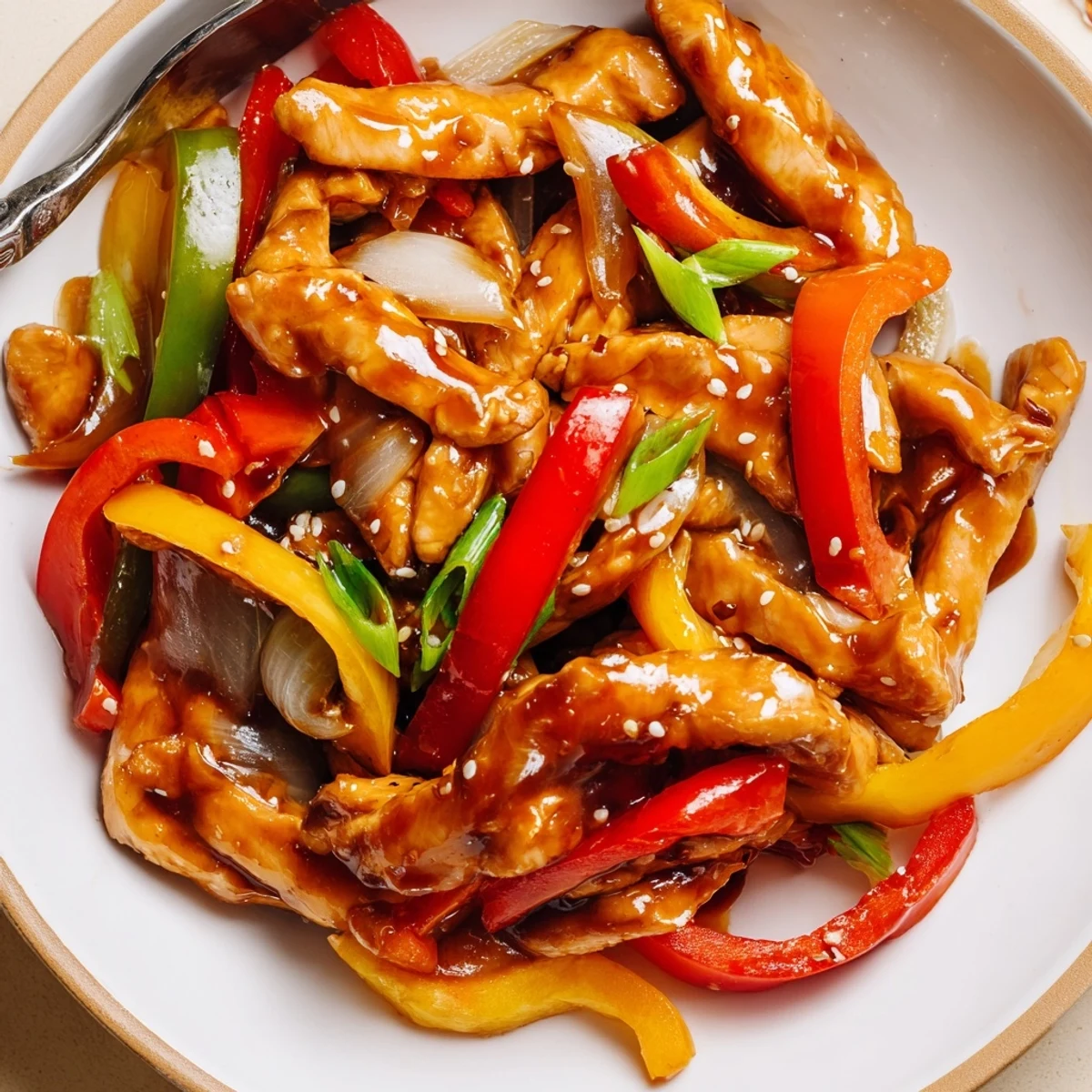 Sizzling Quick Pepper Chicken Stir Fry with crisp bell peppers and scallions