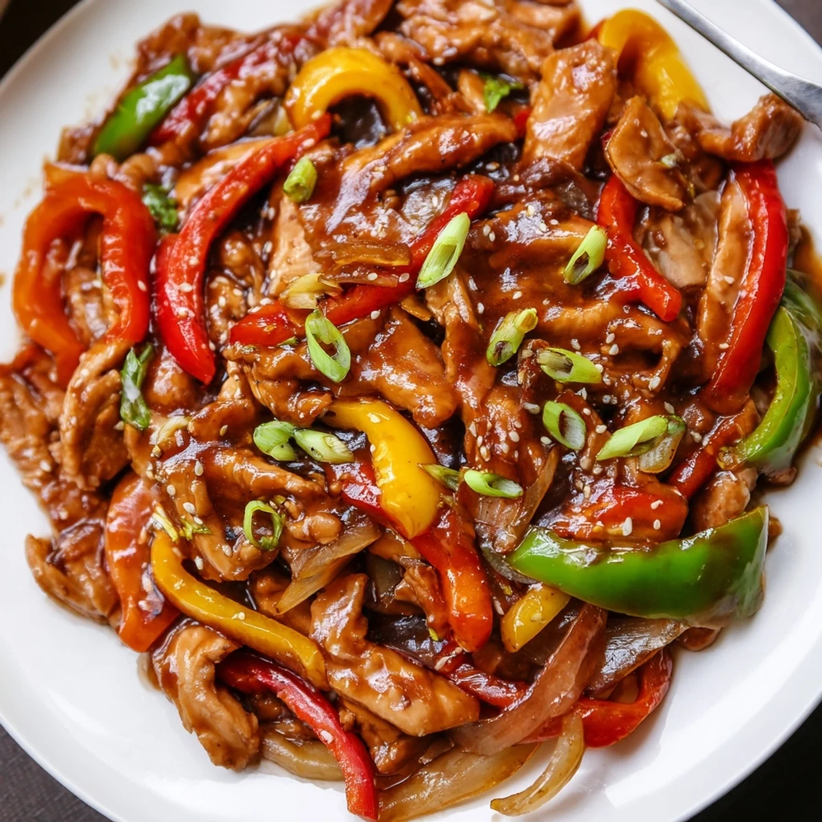 Weeknight Quick Pepper Chicken Stir Fry tossed in glossy sauce, served over rice