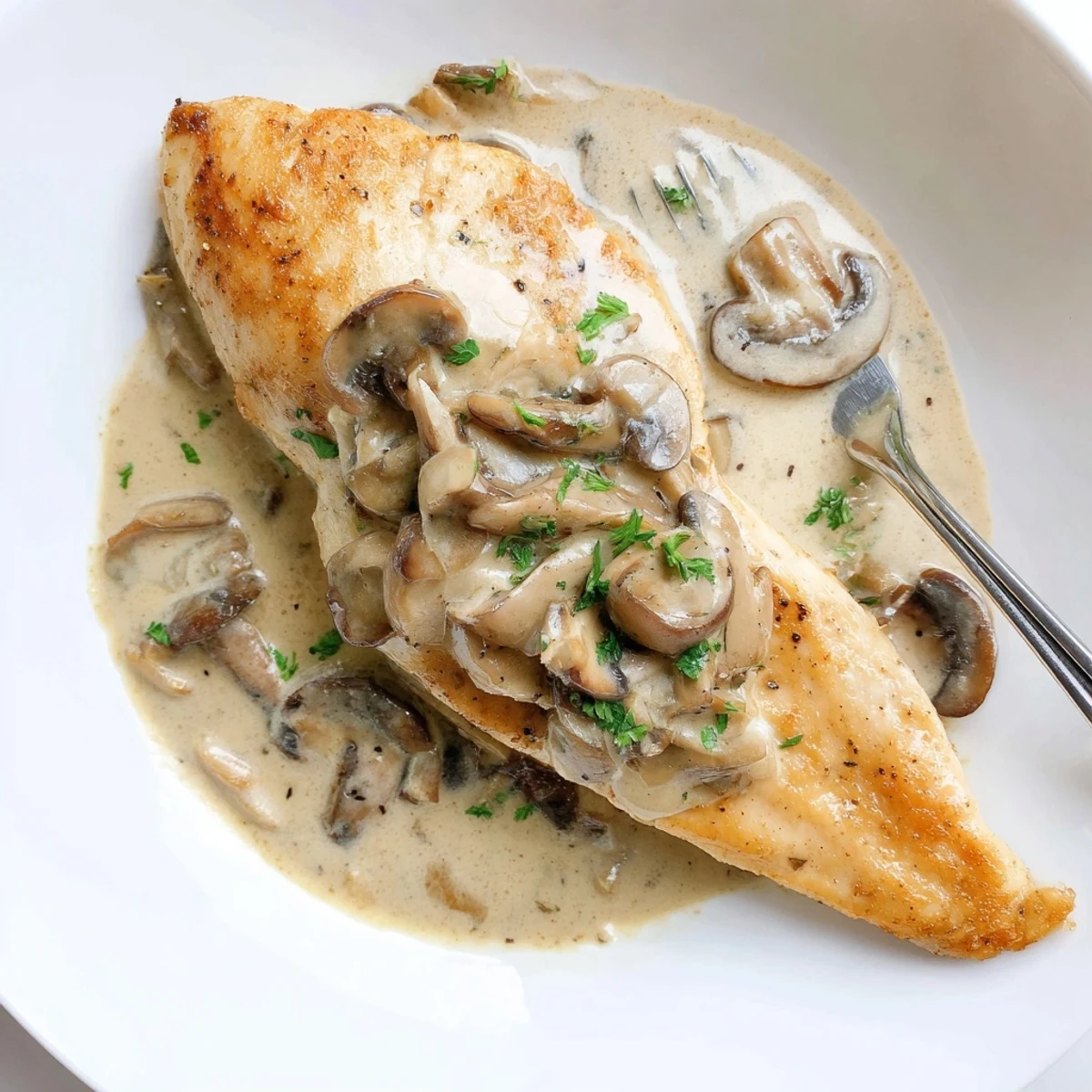 Skillet Chicken And Mushroom Sauce sizzling in pan, creamy sauce spooned over.