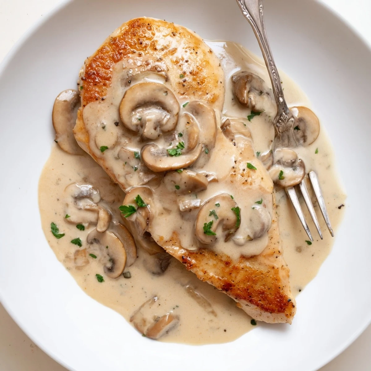 Warm Skillet Chicken And Mushroom Sauce served over mashed potatoes, parsley sprinkled.