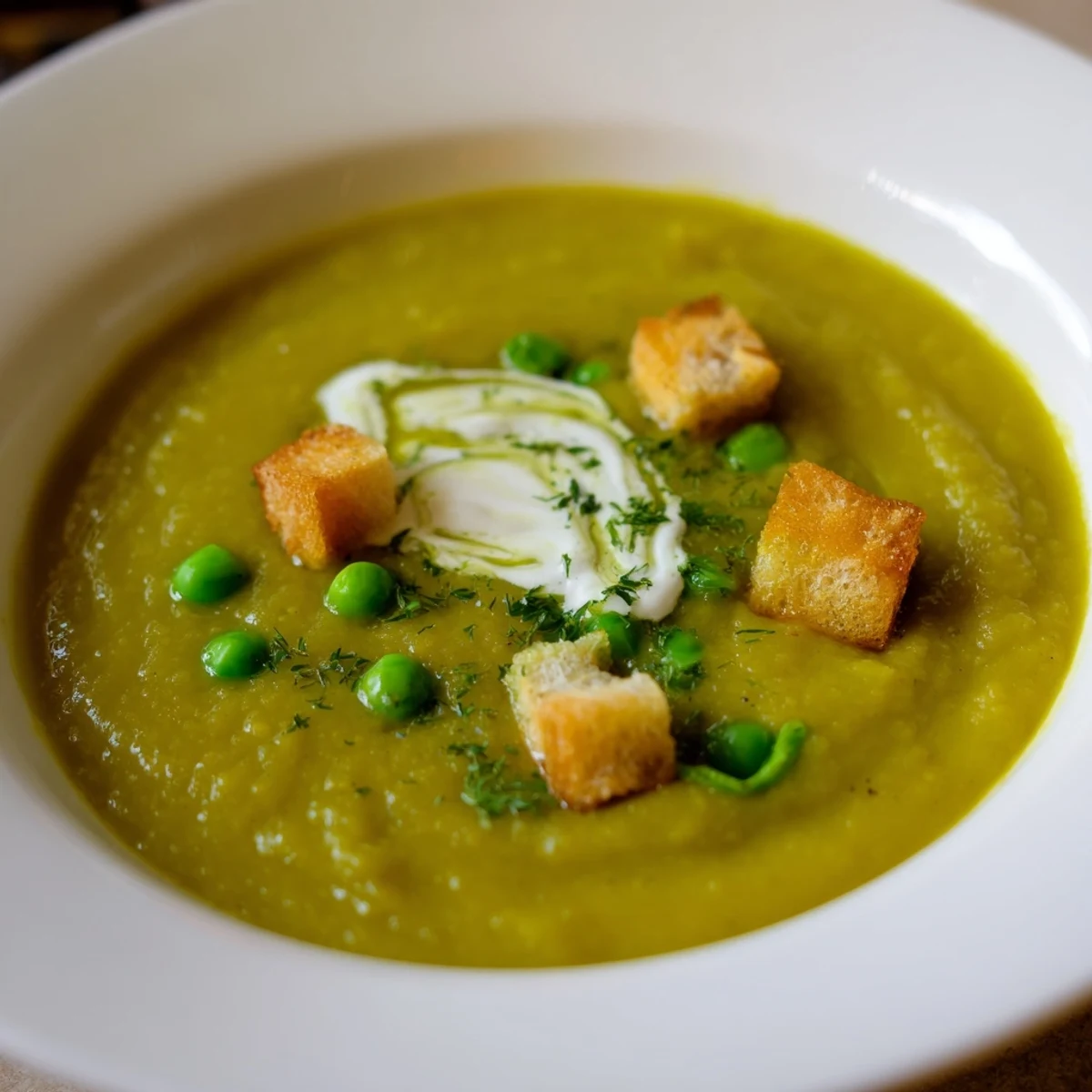 Pea Soup steaming in a bowl, bright green, topped with crème fraîche  