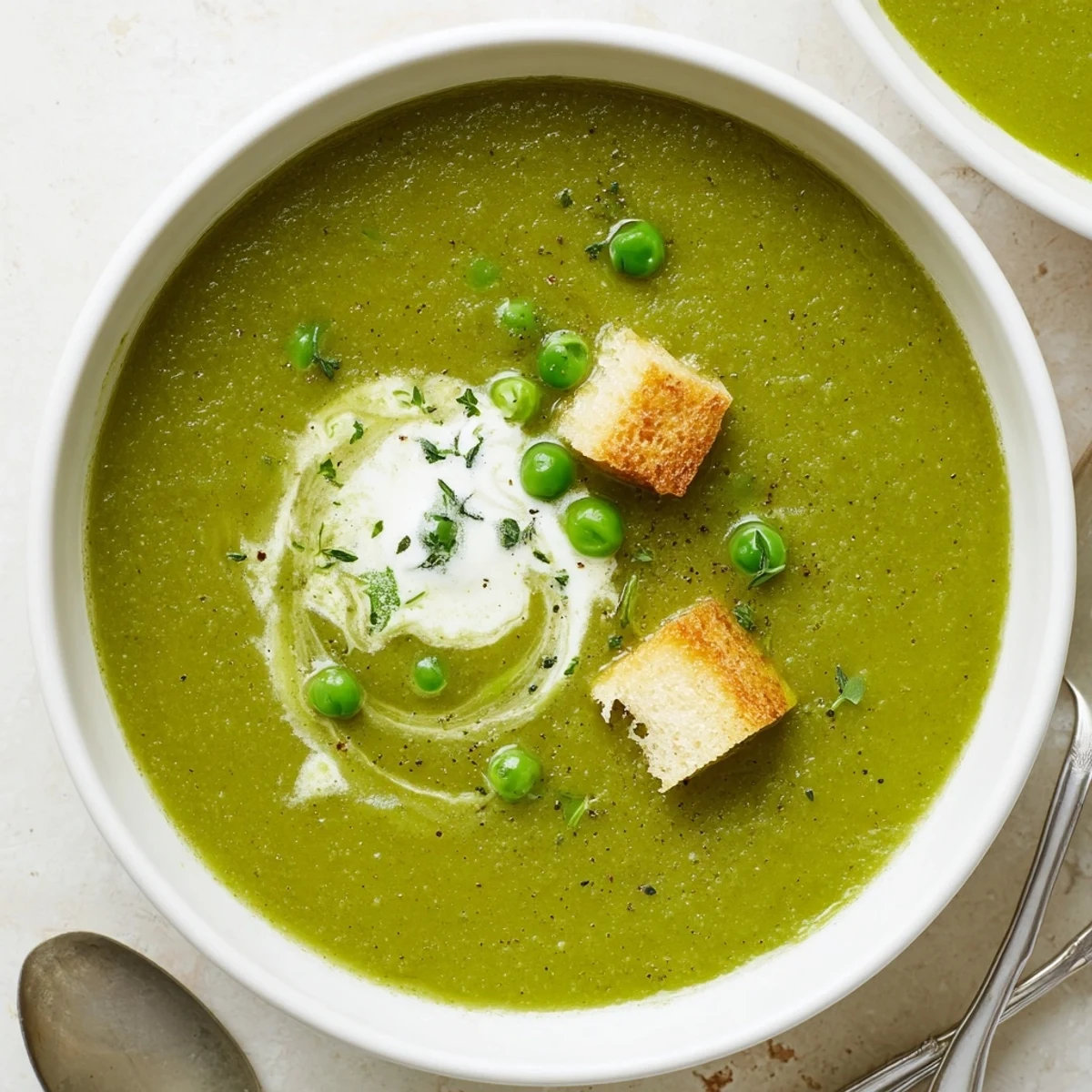 Creamy Pea Soup pureed smooth, garnished with parsley and crusty bread  