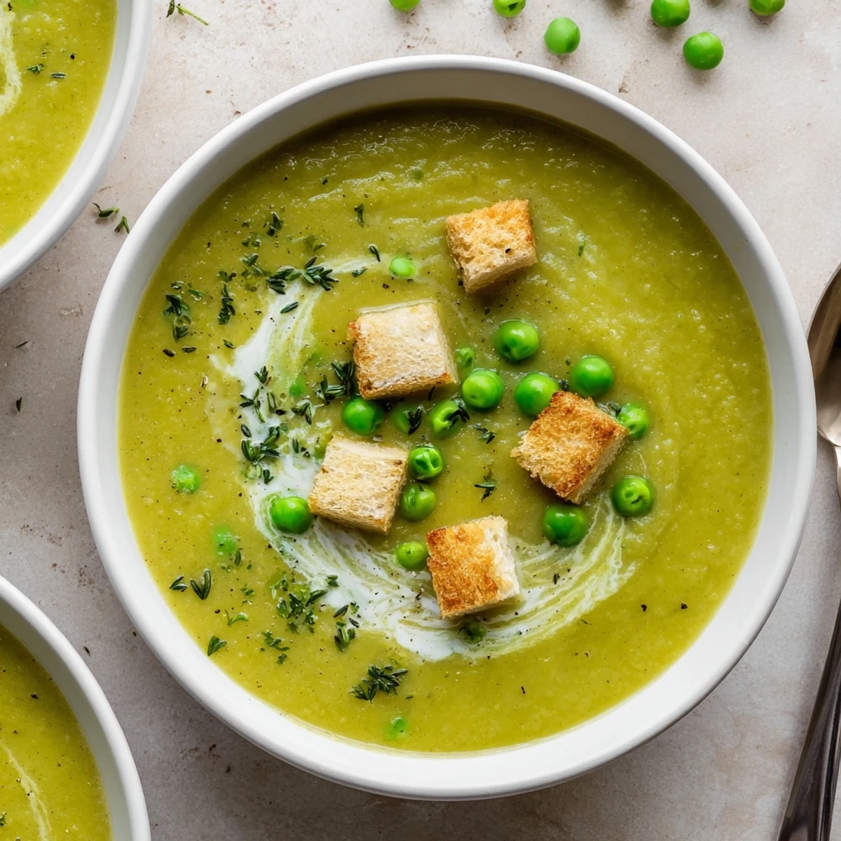 Homemade Pea Soup in a pot, aromatic sautéed vegetables, ready to serve