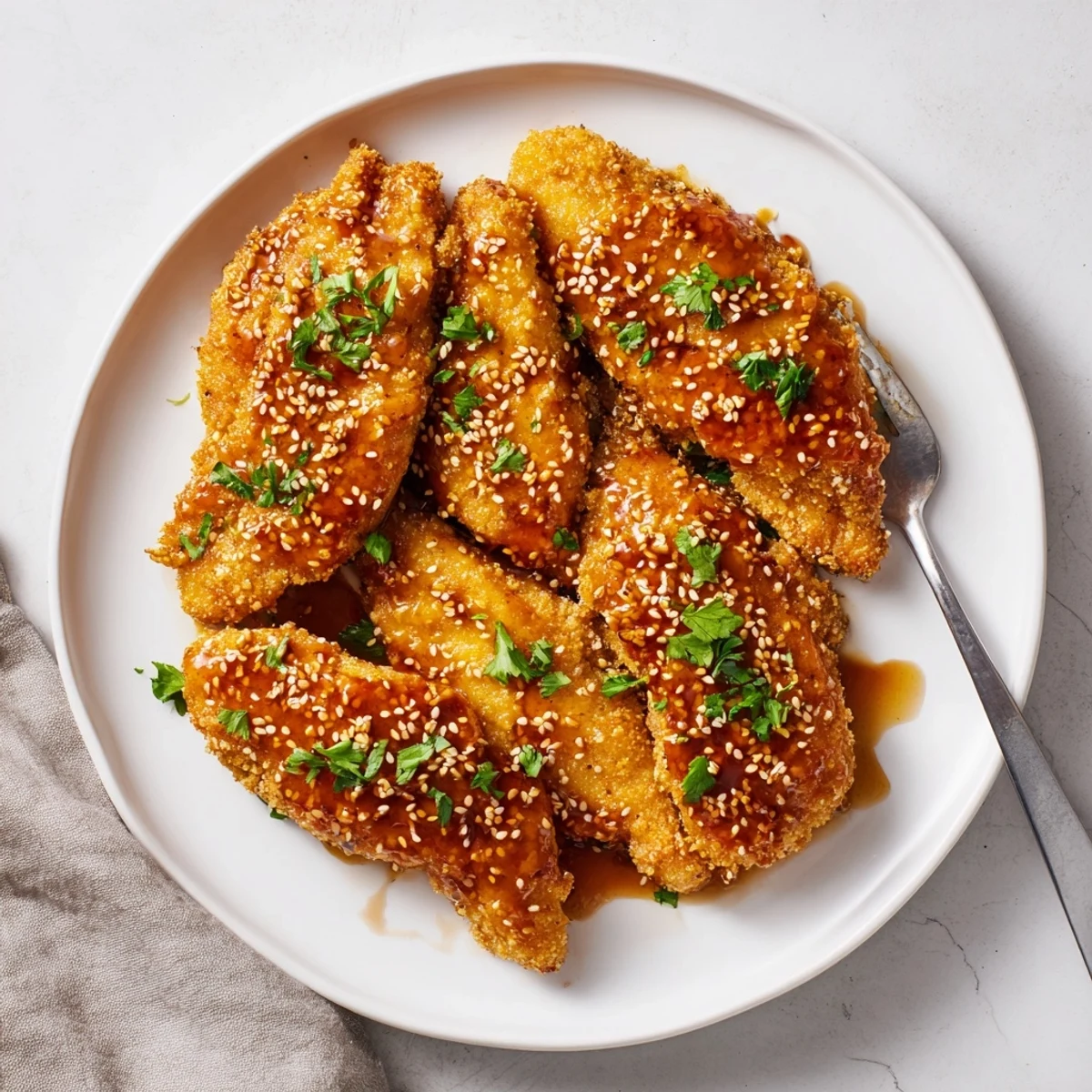 Golden brown Double Crunch Honey Garlic Chicken drizzled with sticky sweet honey garlic glaze and garnished with fresh parsley