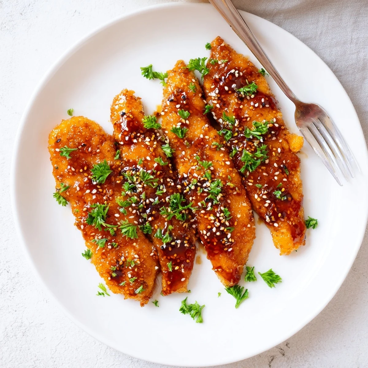Homemade Double Crunch Honey Garlic Chicken with extra crunchy breading finished with sweet garlic honey sauce and sesame seeds