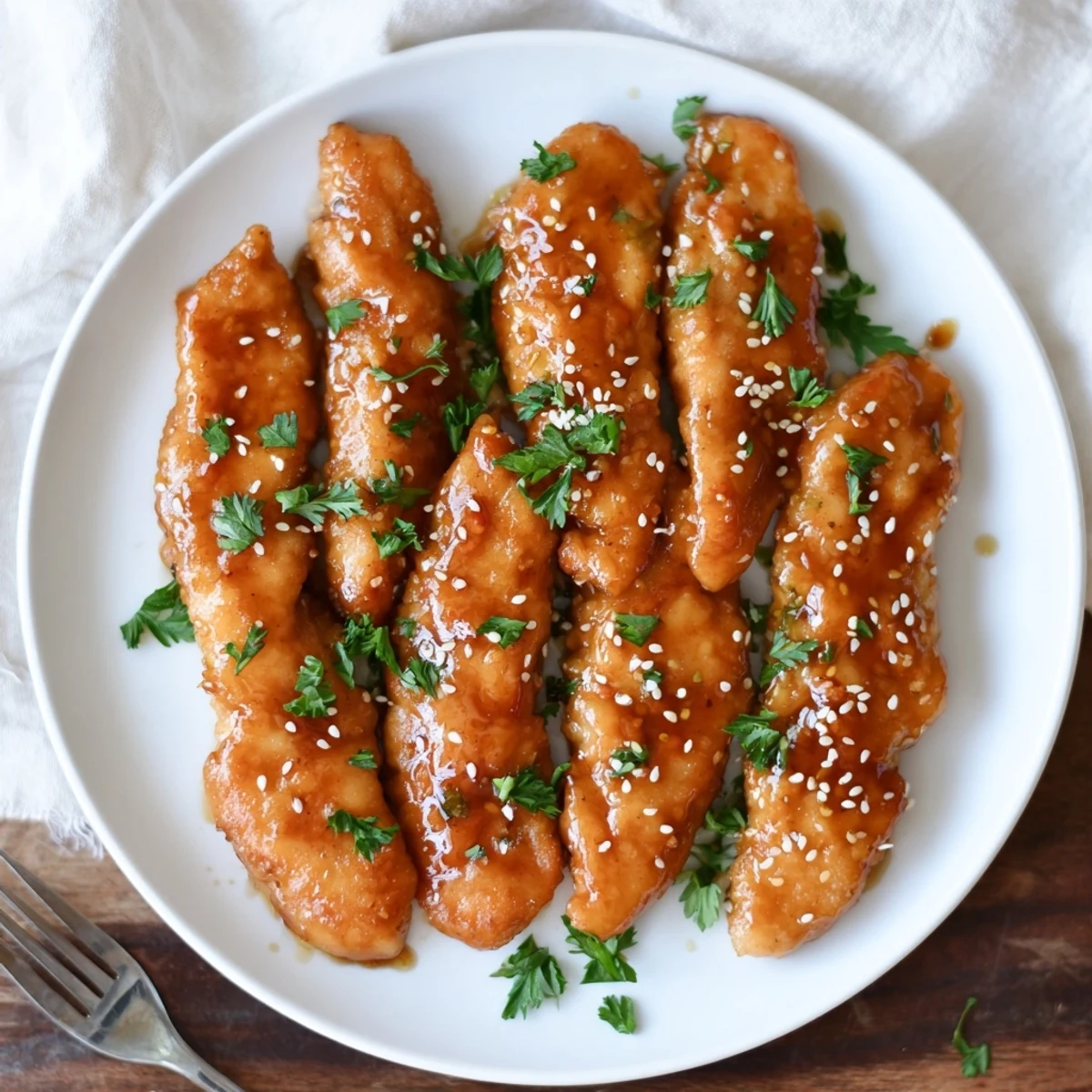 Crispy fried Double Crunch Honey Garlic Chicken pieces coated in thick amber honey garlic sauce on a white serving platter