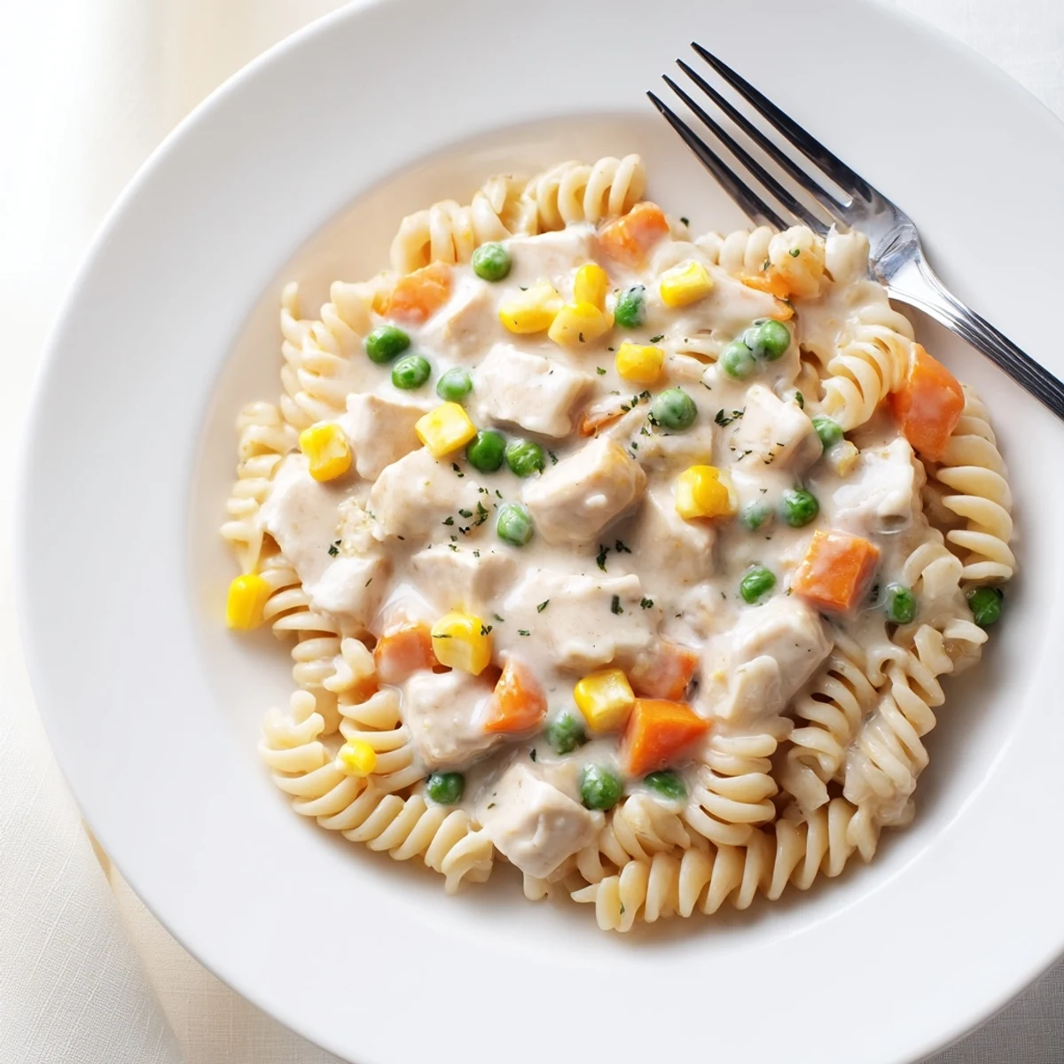Golden chicken pot pie pasta dish steaming in a bowl with colorful vegetables and savory herb seasoning