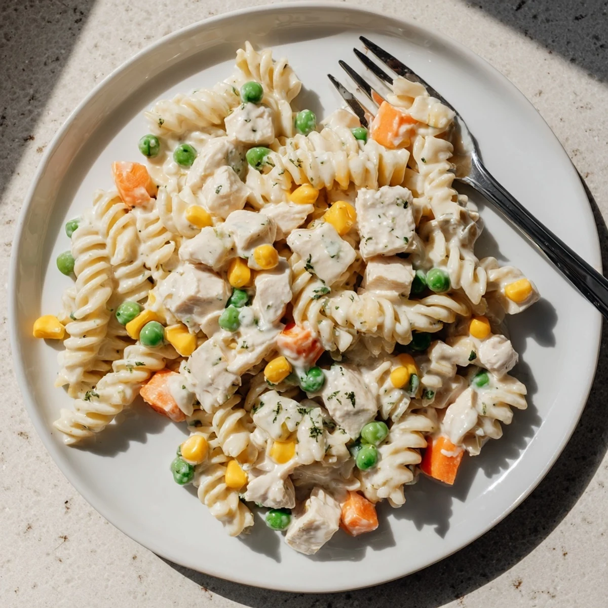 Creamy chicken pot pie pasta with tender rotini, peas, carrots, and melted cheddar in a rich white sauce