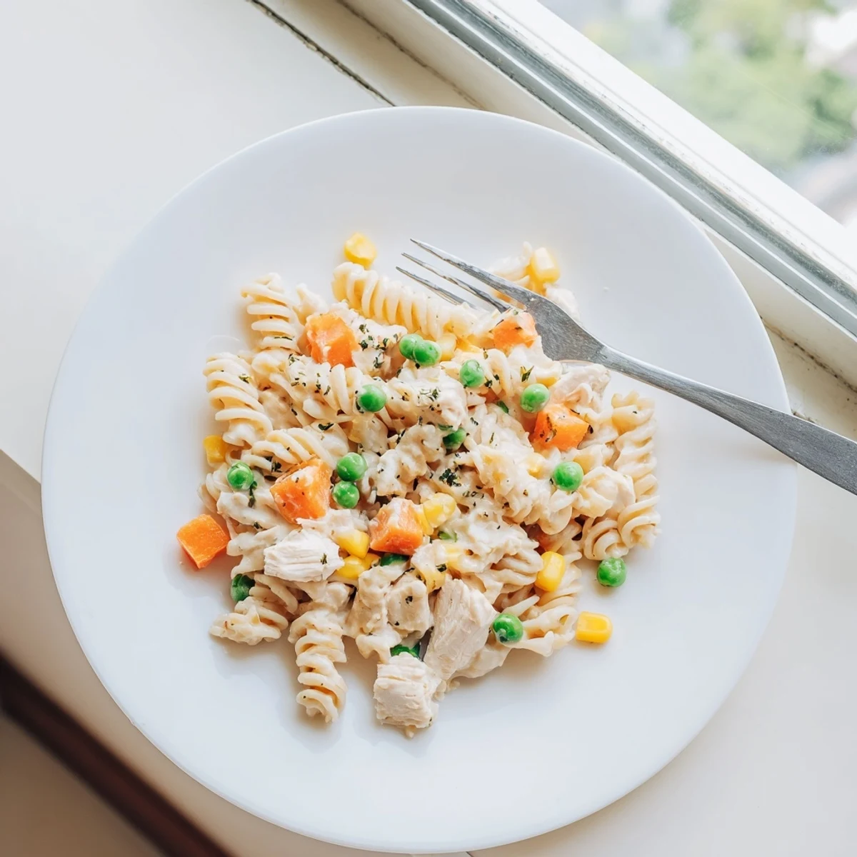 One-pan chicken pot pie pasta showcasing cubed chicken breast mixed with corn and peas in velvety broth sauce