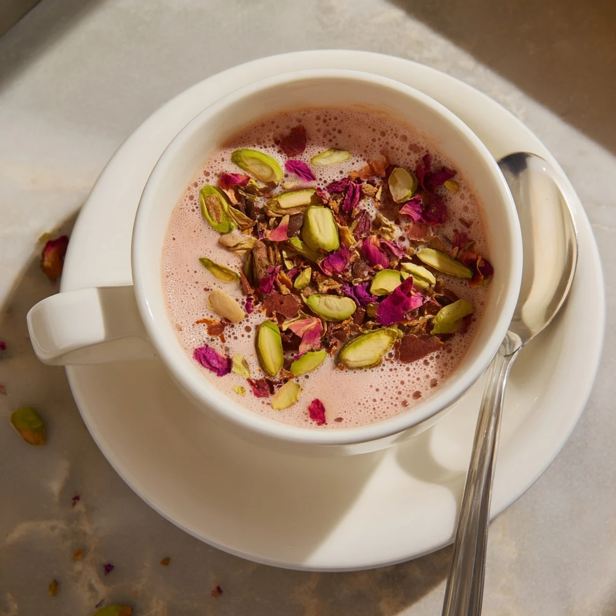 Creamy Kashmiri Pink Chai garnished with crushed pistachios and dried rose petals in ceramic teacups