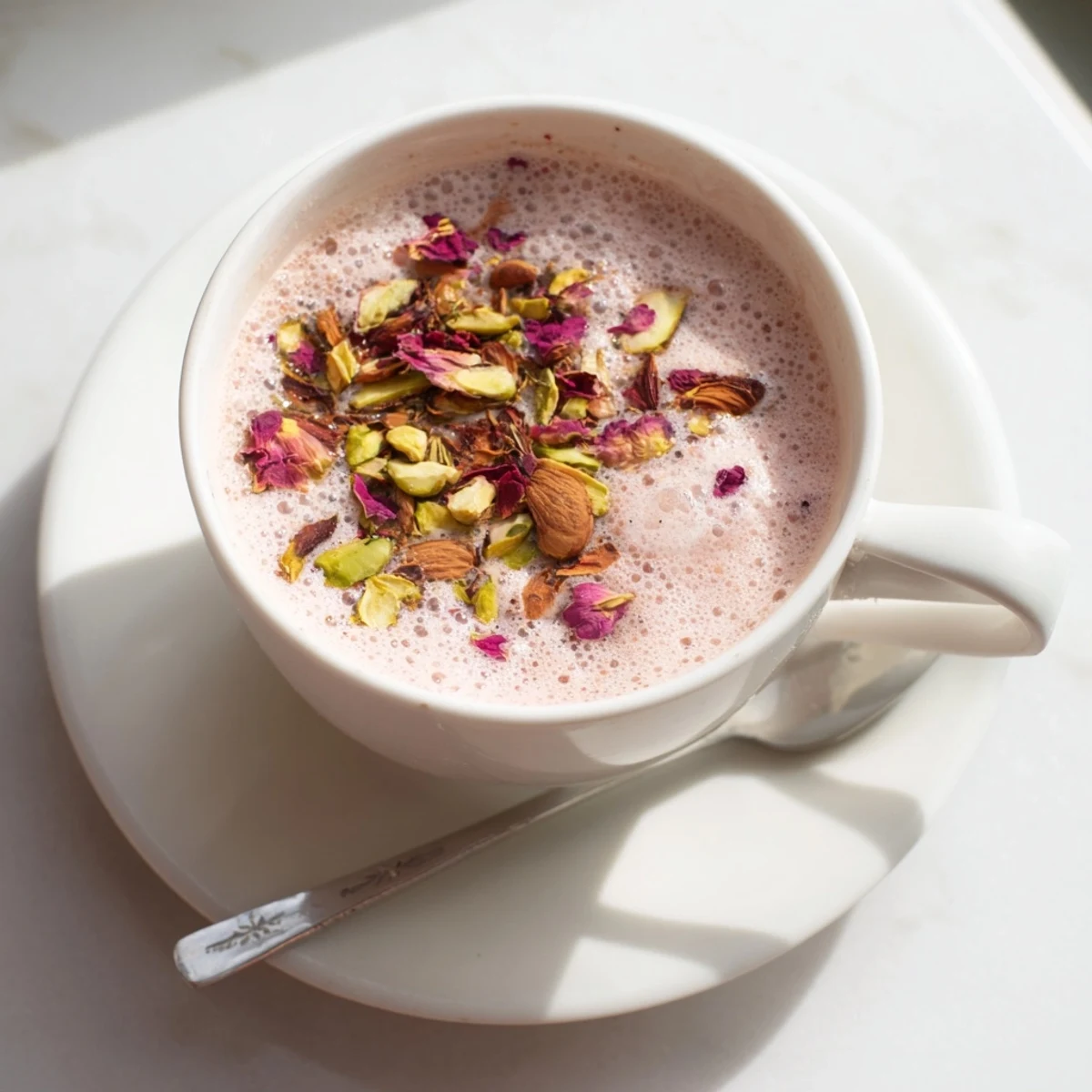 Steaming hot pink tea with cardamom and cinnamon spices served alongside traditional Indian bread