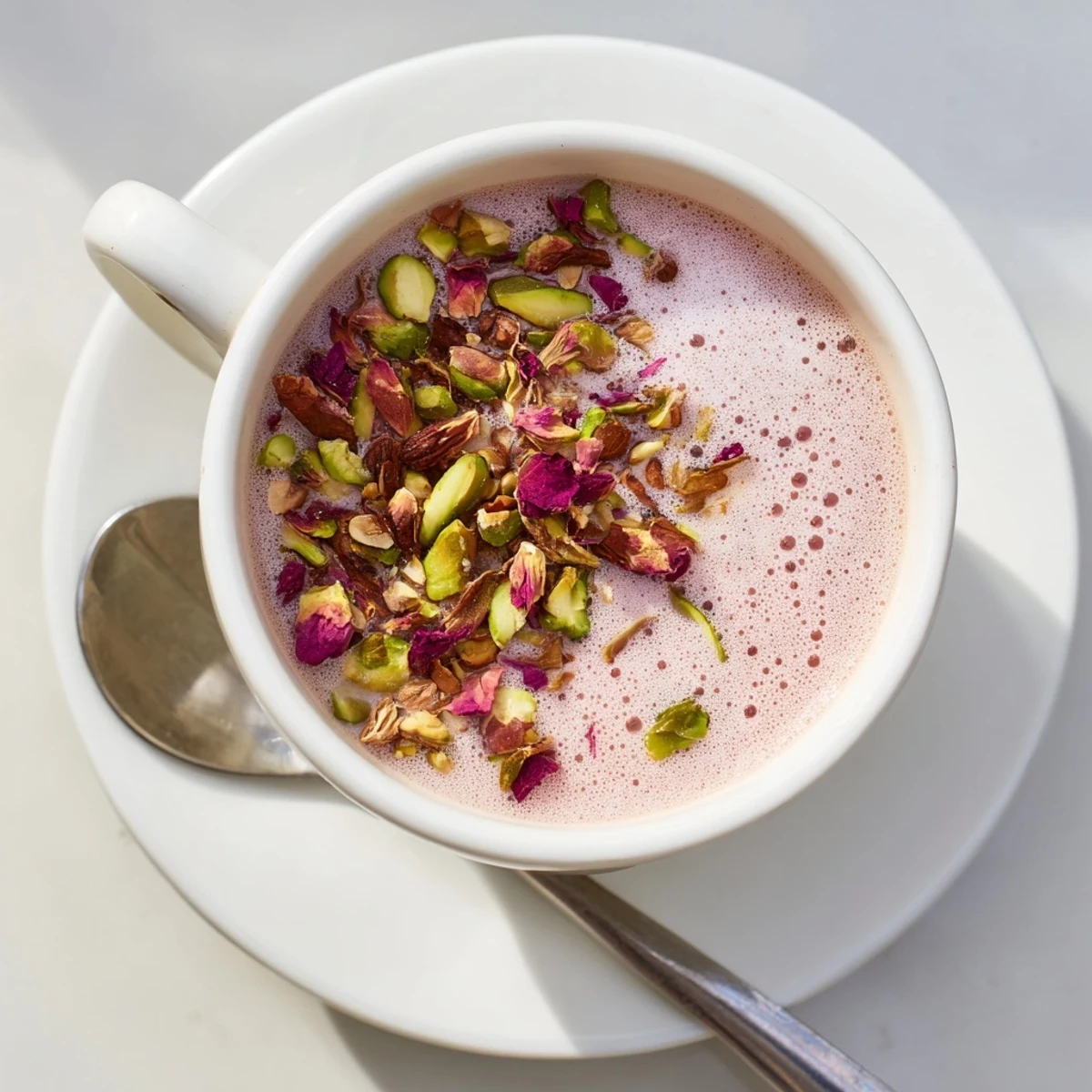Frothy burgundy colored Noon Chai poured into white cups with chopped almond topping