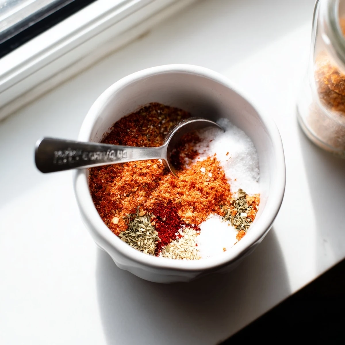 Small bowl filled with aromatic spice mixture for seasoning homemade french fries on wooden countertop