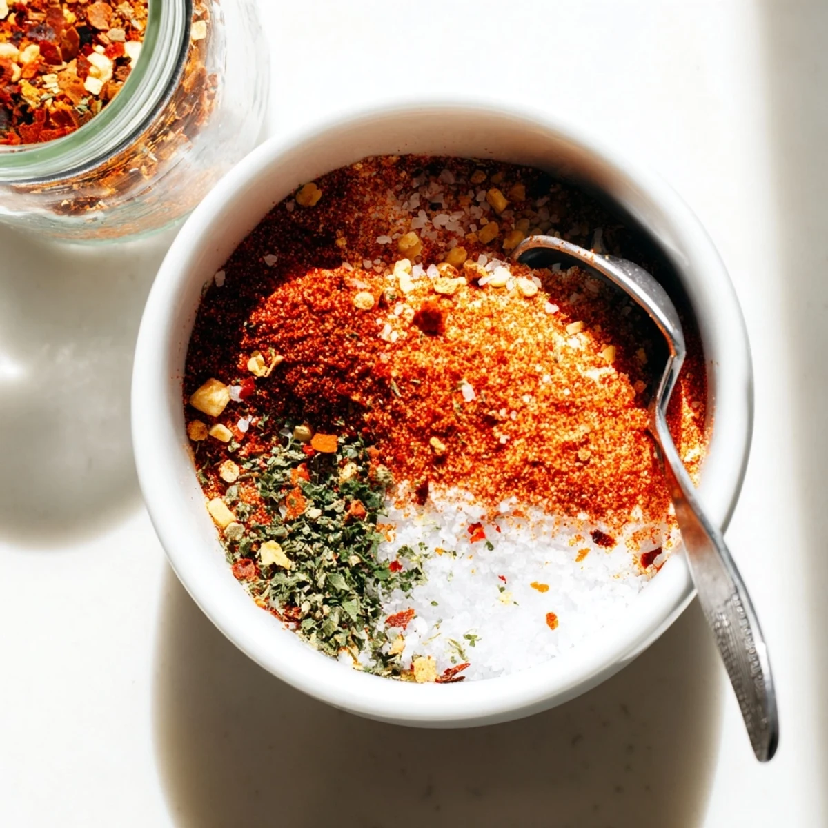 Close up of crispy french fry seasoning blend in small glass jar with visible spices