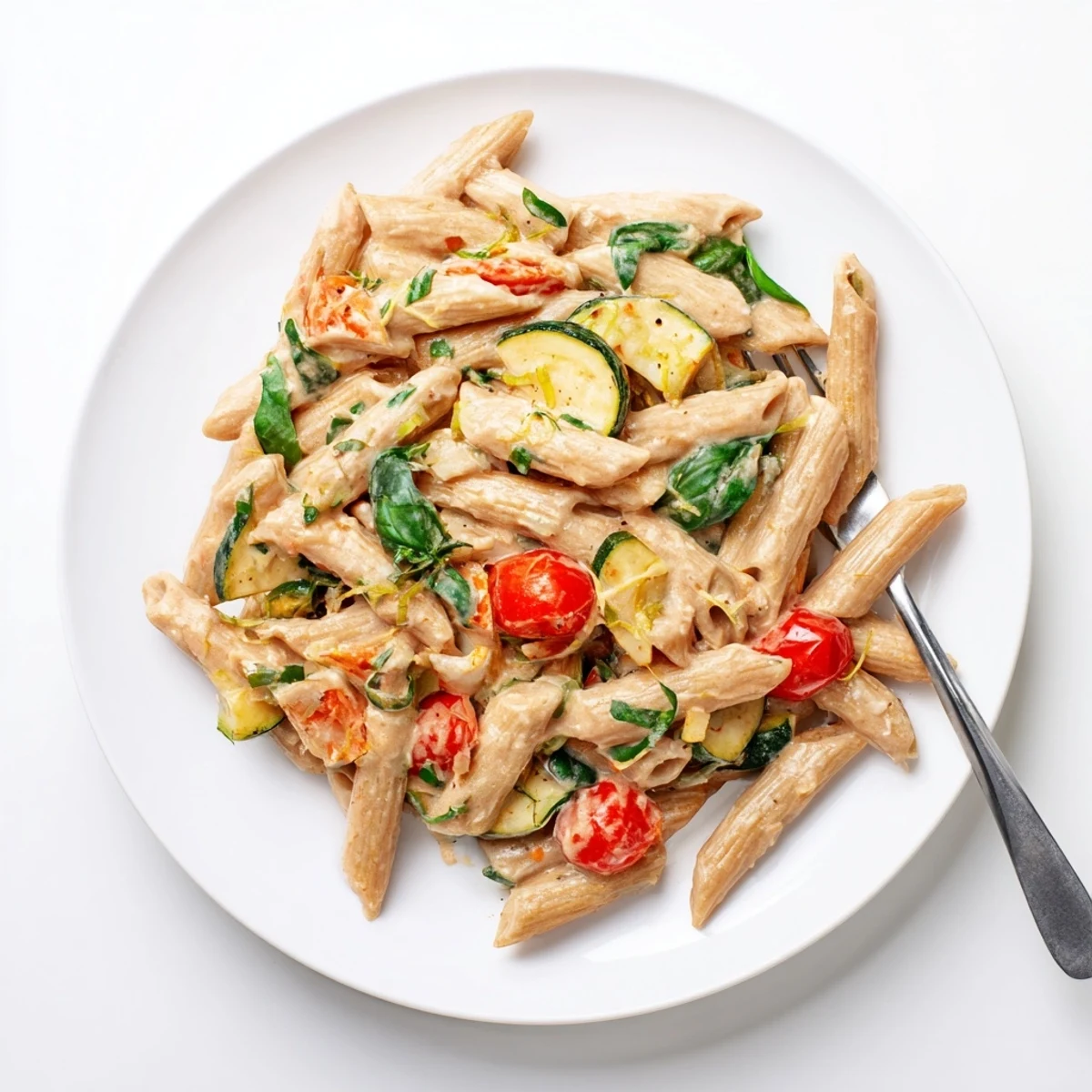 Whole wheat pasta bowl coated in smooth cottage cheese sauce with cherry tomatoes and spinach