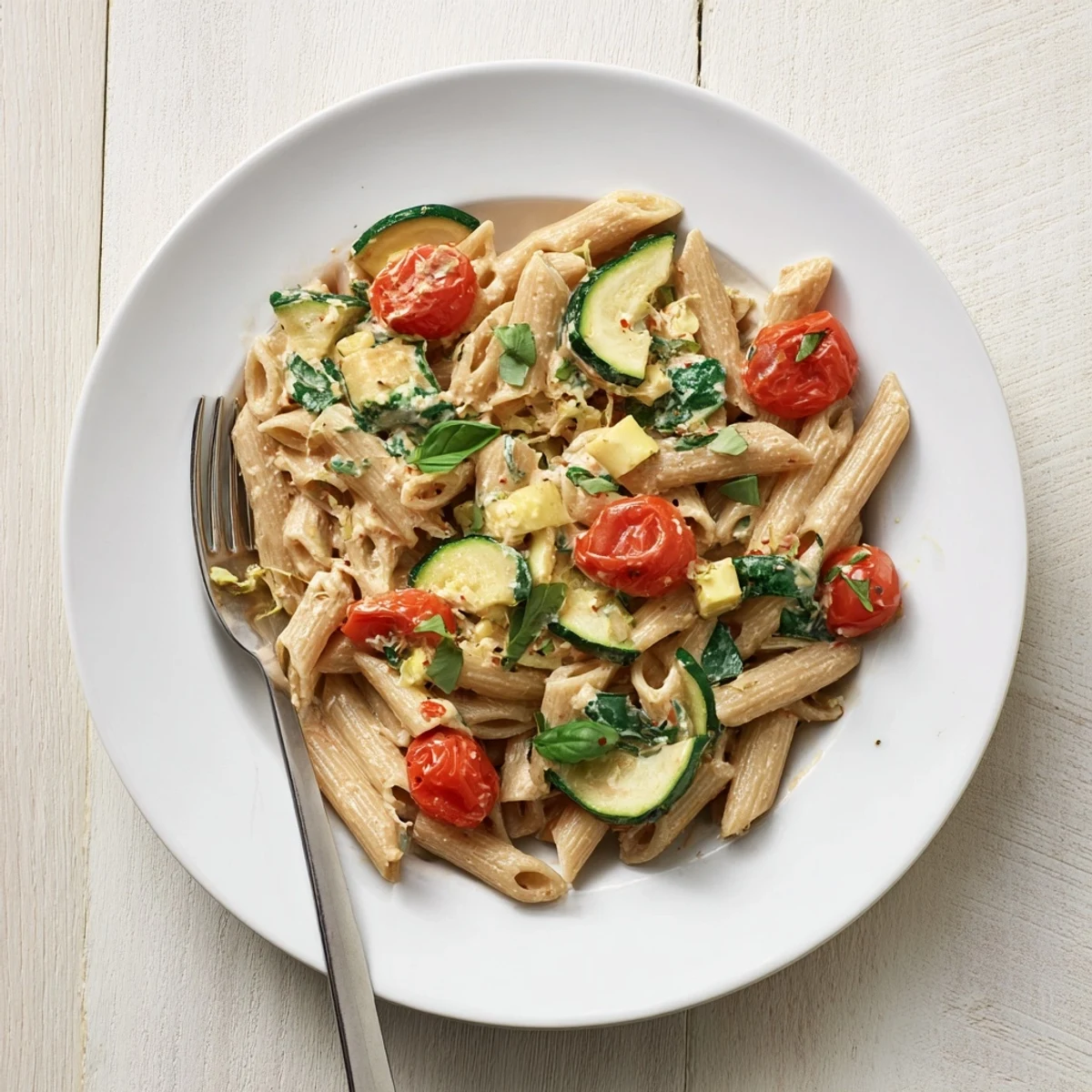 Creamy healthy cottage cheese pasta tossed with colorful vegetables and fresh green basil garnish