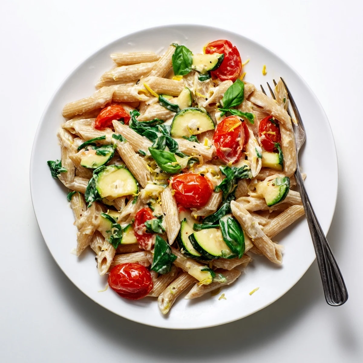 Steaming plate of healthy cottage cheese pasta featuring zucchini, lemon zest, and fragrant fresh herbs