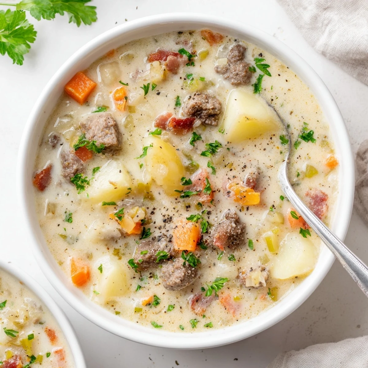 Steaming bowl of creamy smoky beef and potato soup topped with fresh parsley and cracked black pepper