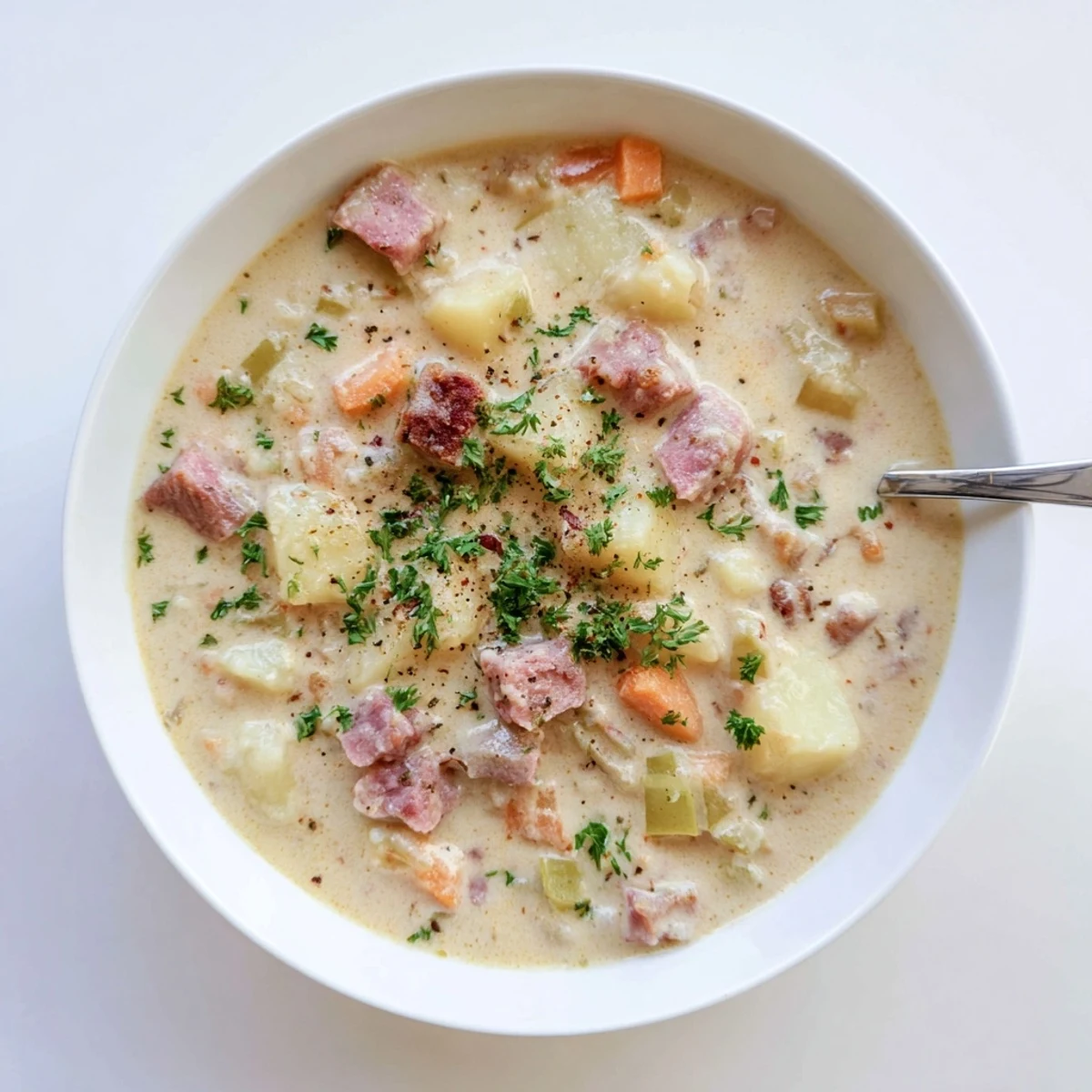 Rustic pot filled with rich hearty smoky beef and potato soup featuring tender chunks of beef and diced vegetables