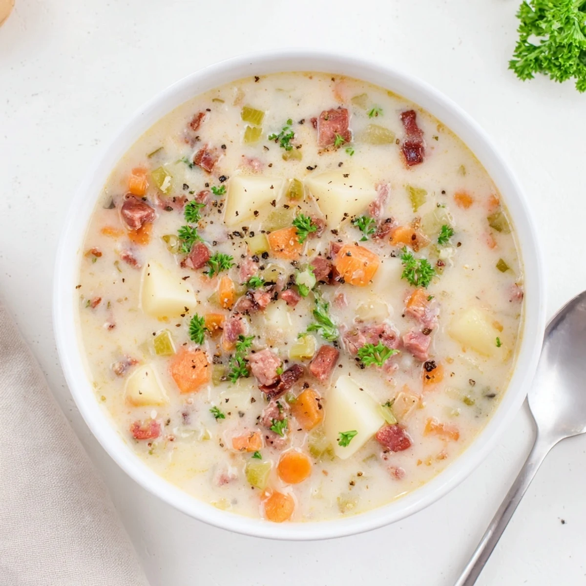 Creamy smoky beef and potato soup ladled into white bowl with crispy bacon bits and green parsley garnish