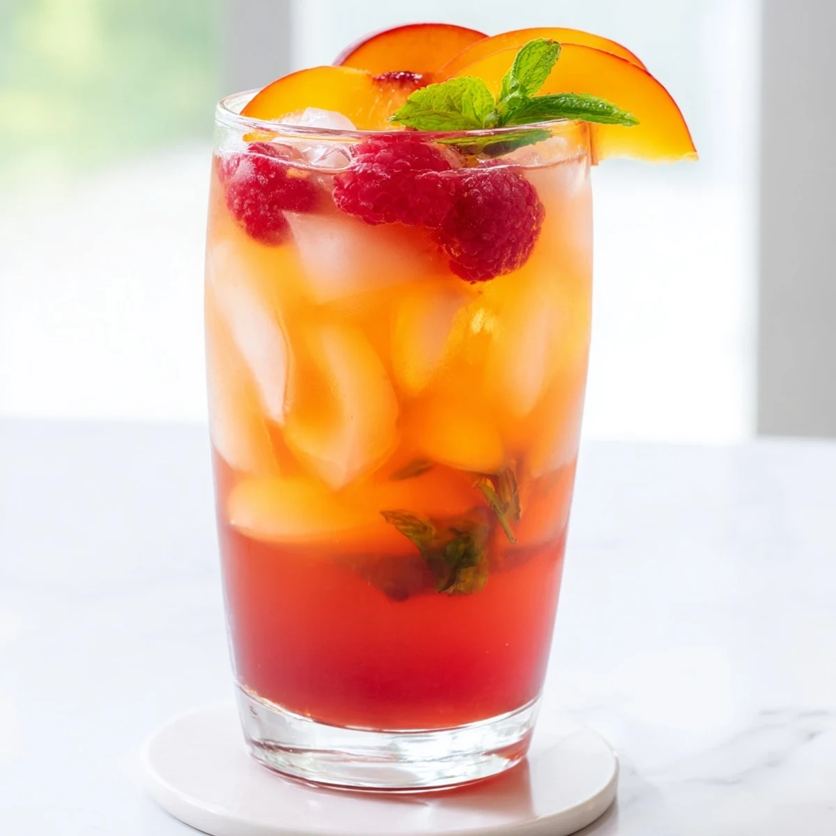 Refreshing pitcher of sun kissed raspberry peach iced tea lemonade filled with ice cubes