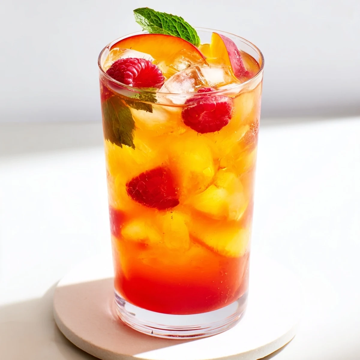 Vibrant summer drink displaying layers of fruit and tea in a chilled glass