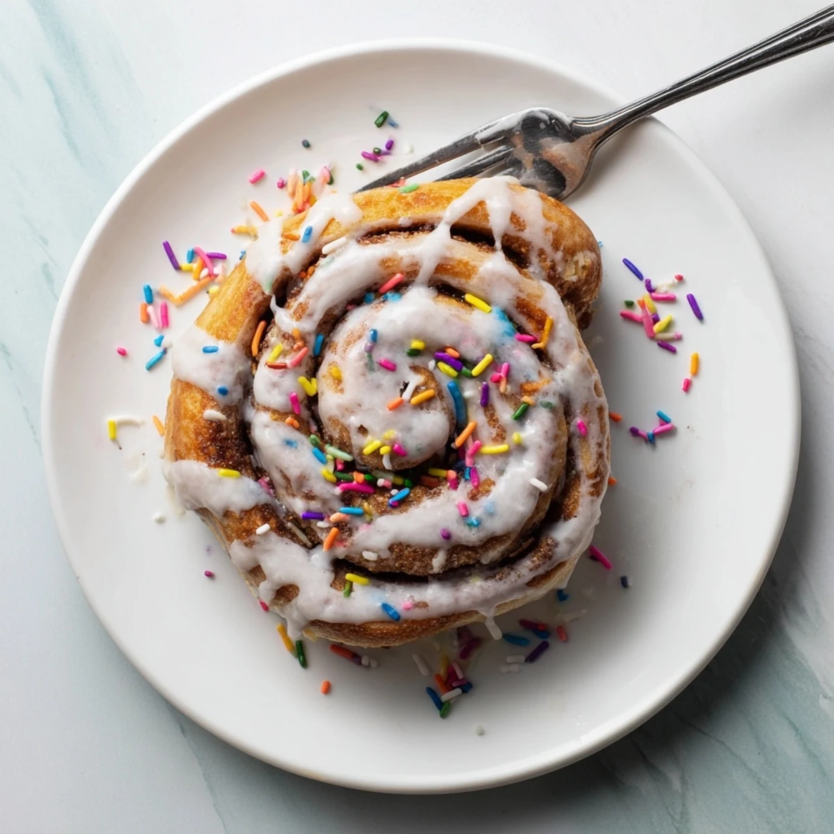 Soft fluffy cinnamon roll spirals filled with rainbow sprinkles and sweet cinnamon sugar mixture