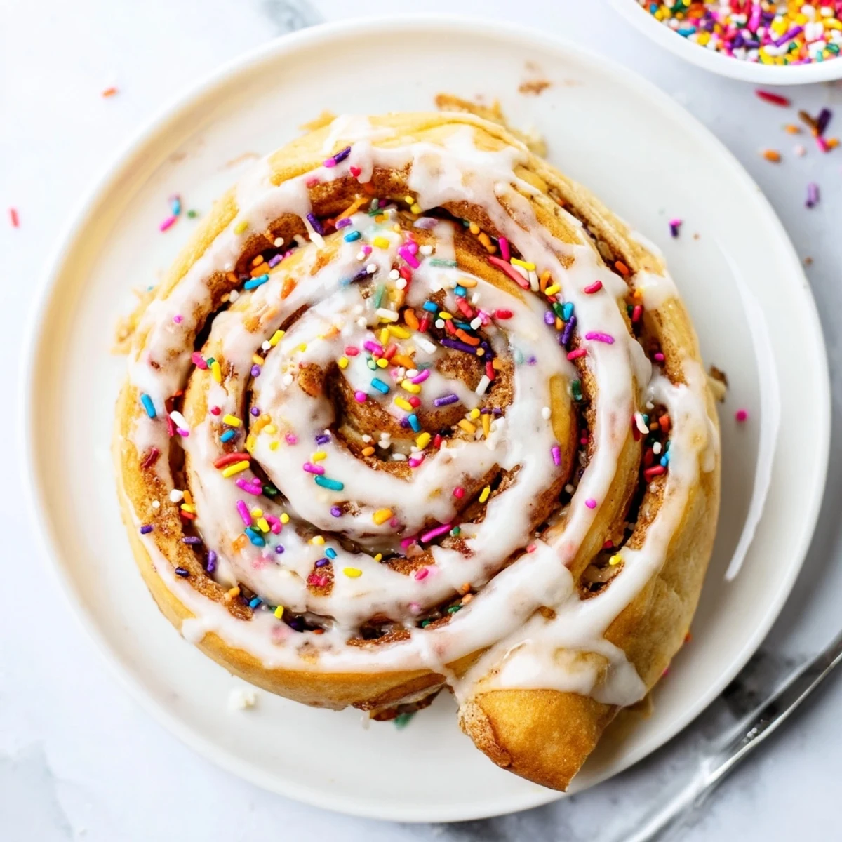 Golden Funfetti cinnamon rolls drizzled with vanilla glaze and topped with colorful rainbow sprinkles
