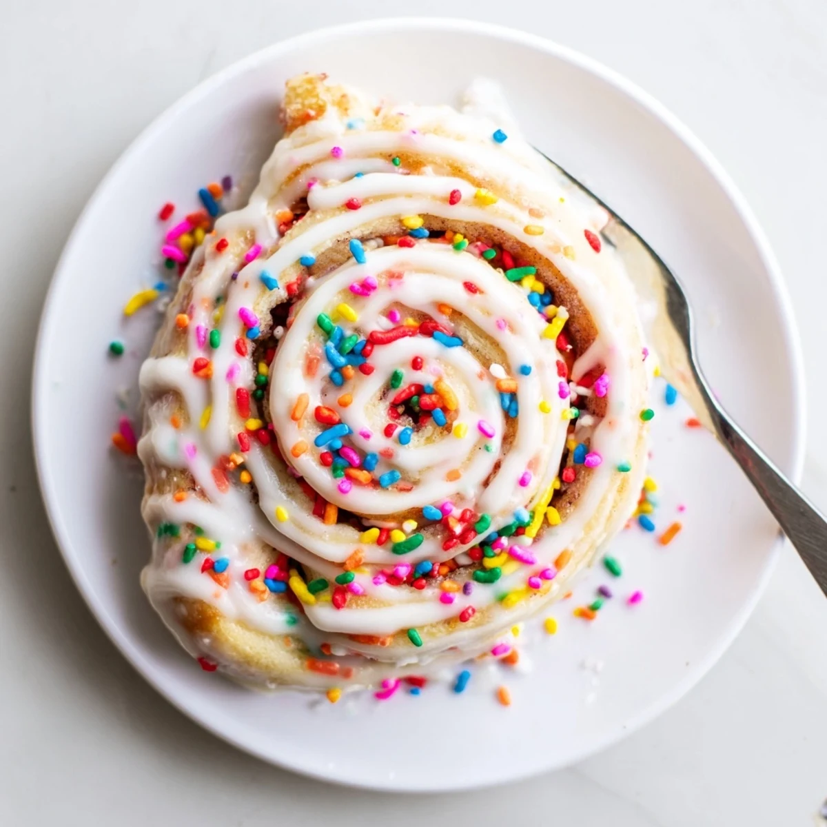 Warm Funfetti cinnamon sprinkles rolls arranged in a baking pan with white vanilla frosting