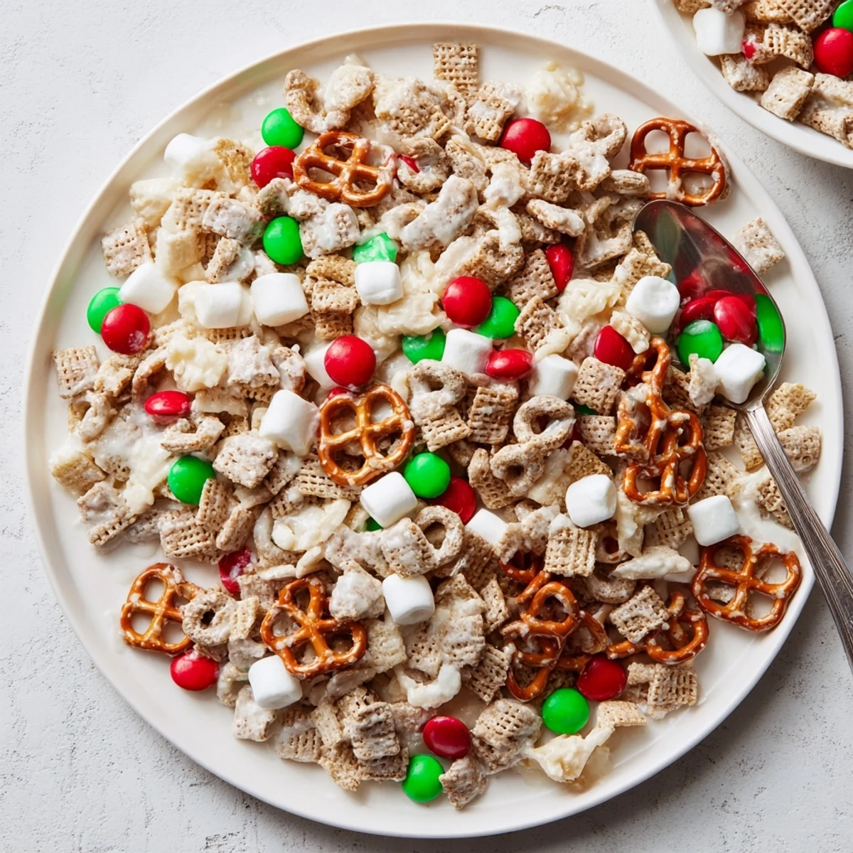 Festive Reindeer Food holiday snack mix with colorful chocolate candies and white chocolate drizzle