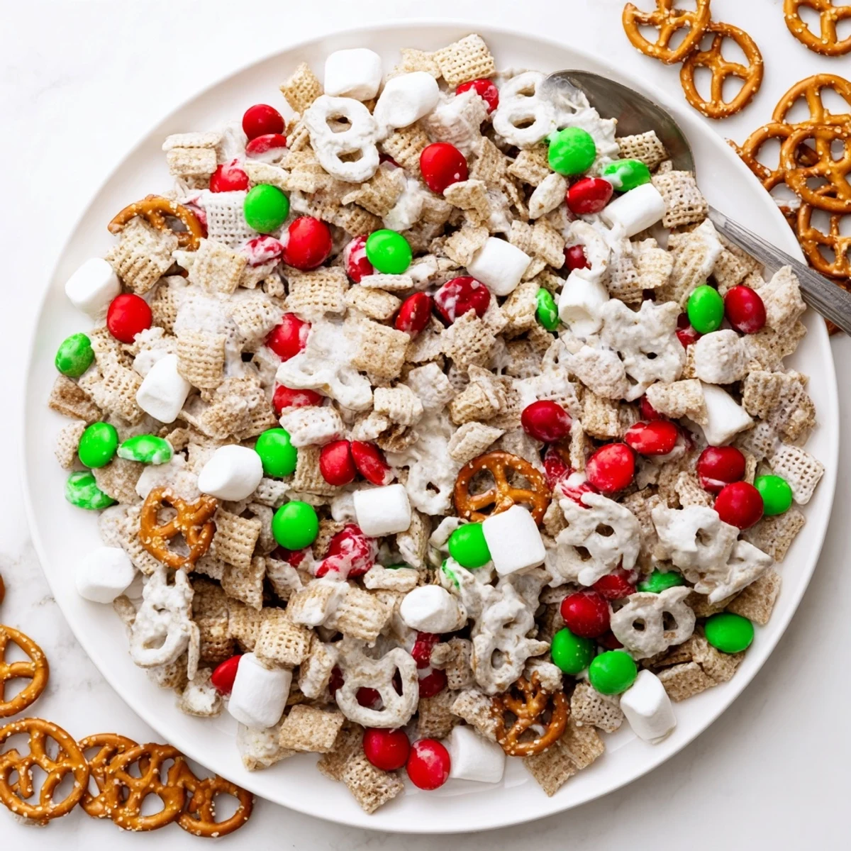 Bowl of crunchy Reindeer Food cereal mix topped with marshmallows and pretzel twists