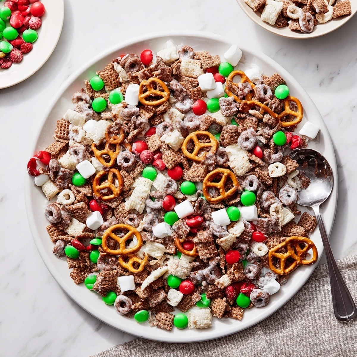 White chocolate coated Reindeer Food sweet treat scattered on parchment paper for Christmas gifting