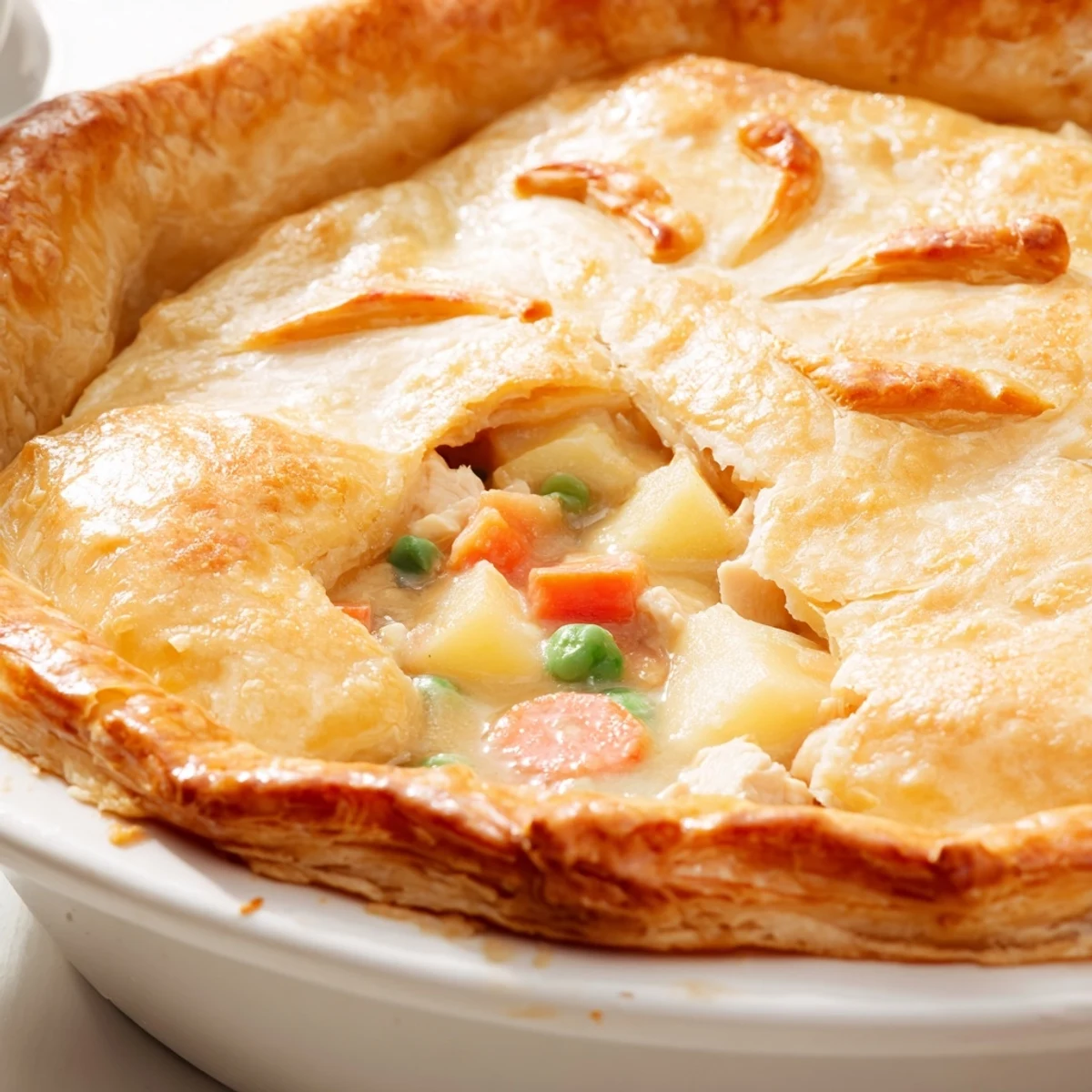 Golden chicken pot pie with flaky pastry crust bubbling with creamy vegetable filling