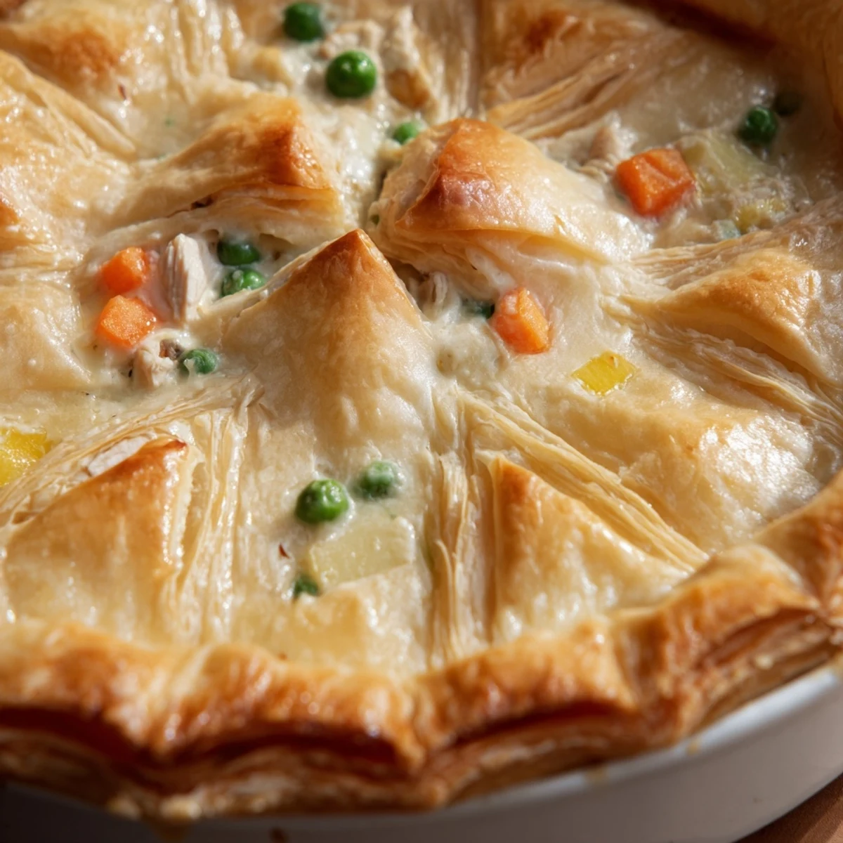 Homemade chicken pot pie fresh from the oven with steam rising through golden crust
